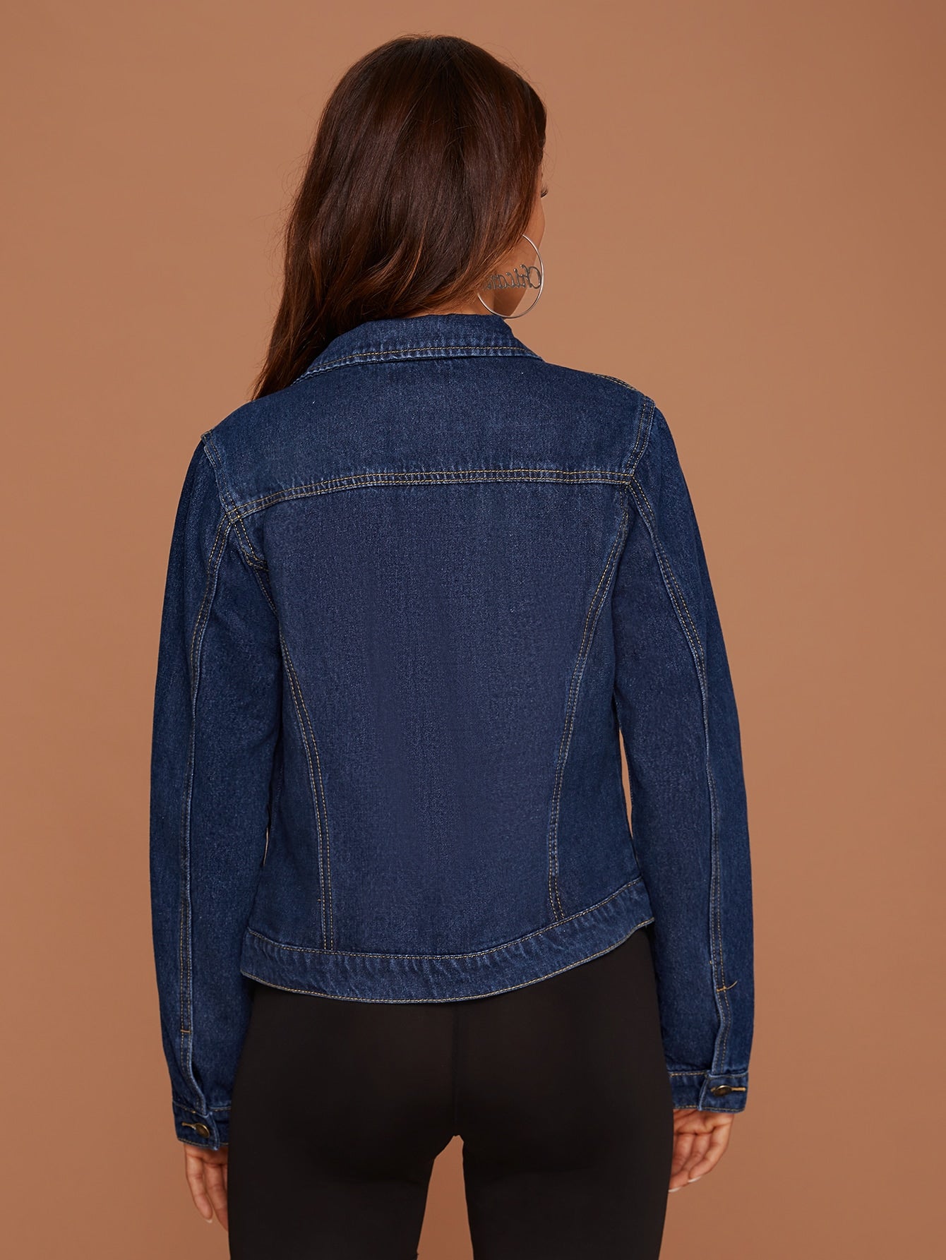 SHEIN Essnce Button Front Flap Pocket Trucker Denim Jacket Dark Wash