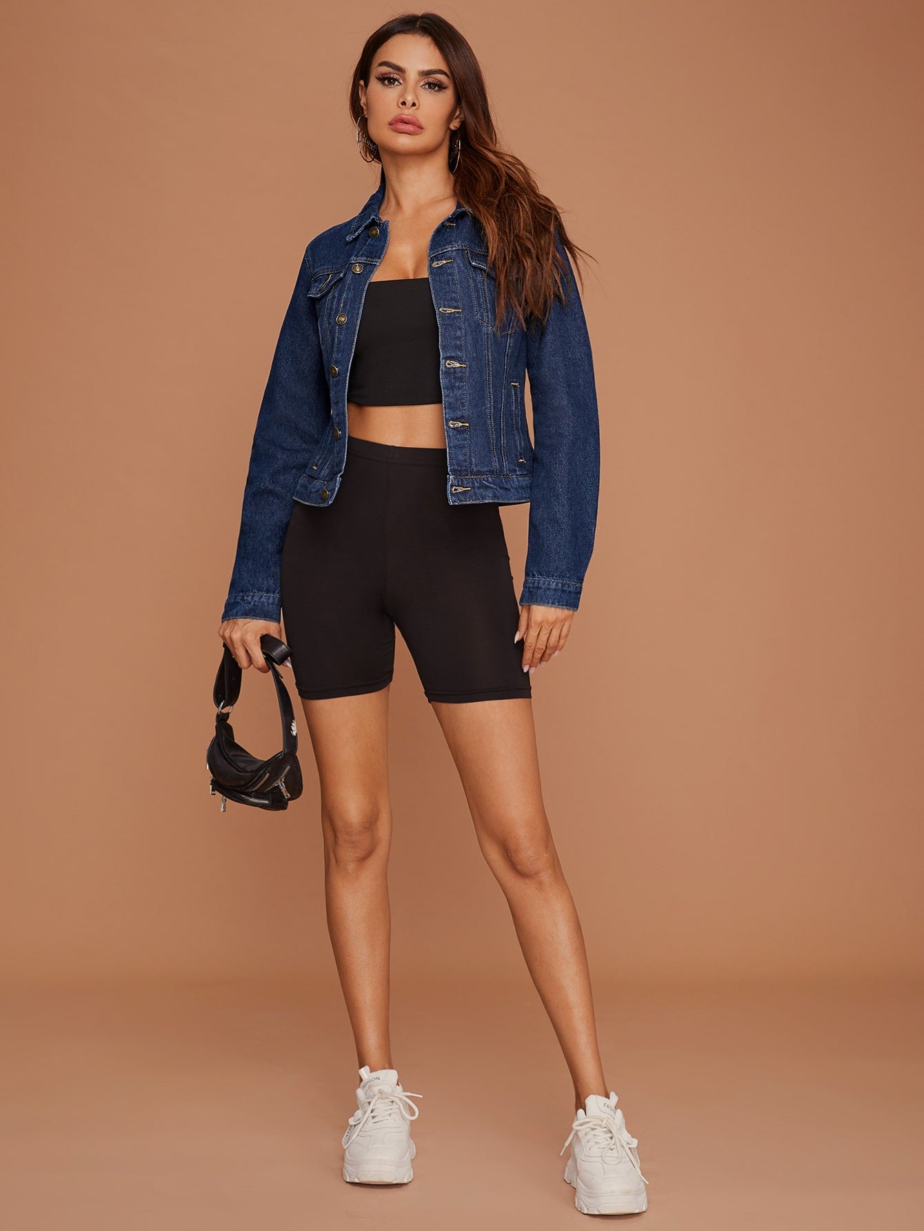 SHEIN Essnce Button Front Flap Pocket Trucker Denim Jacket Dark Wash