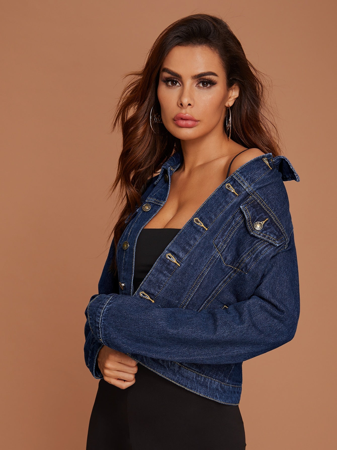SHEIN Essnce Button Front Flap Pocket Trucker Denim Jacket Dark Wash
