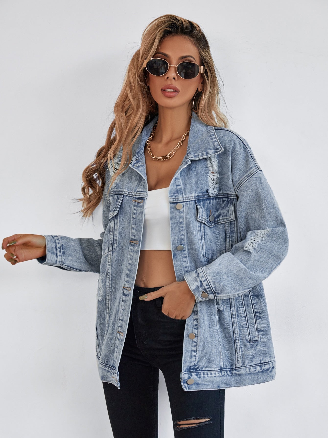 SHEIN Frenchy Button Blue Front Flap Pocket Drop Shoulder Denim Jacket Light Wash