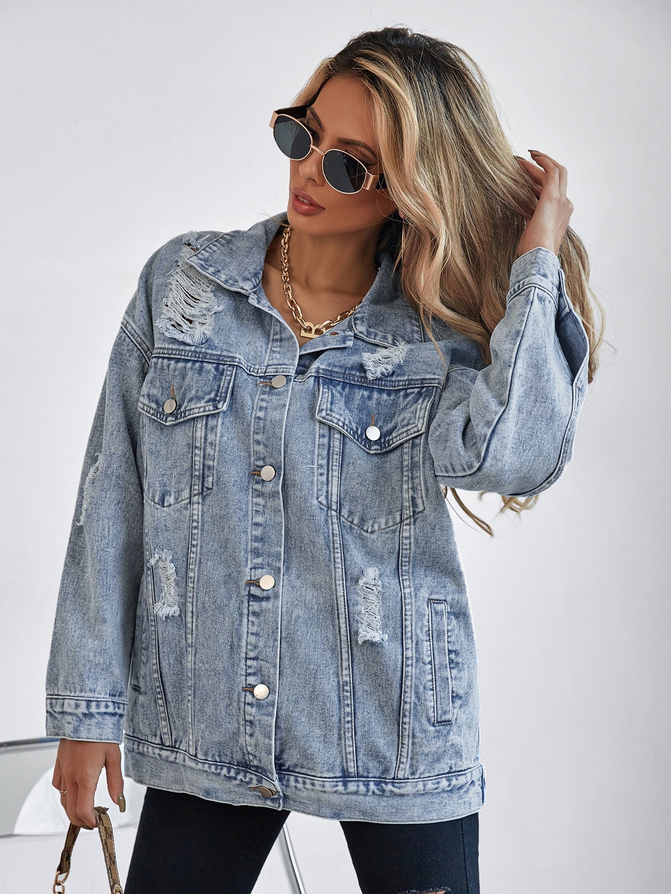 SHEIN Frenchy Button Blue Front Flap Pocket Drop Shoulder Denim Jacket Light Wash