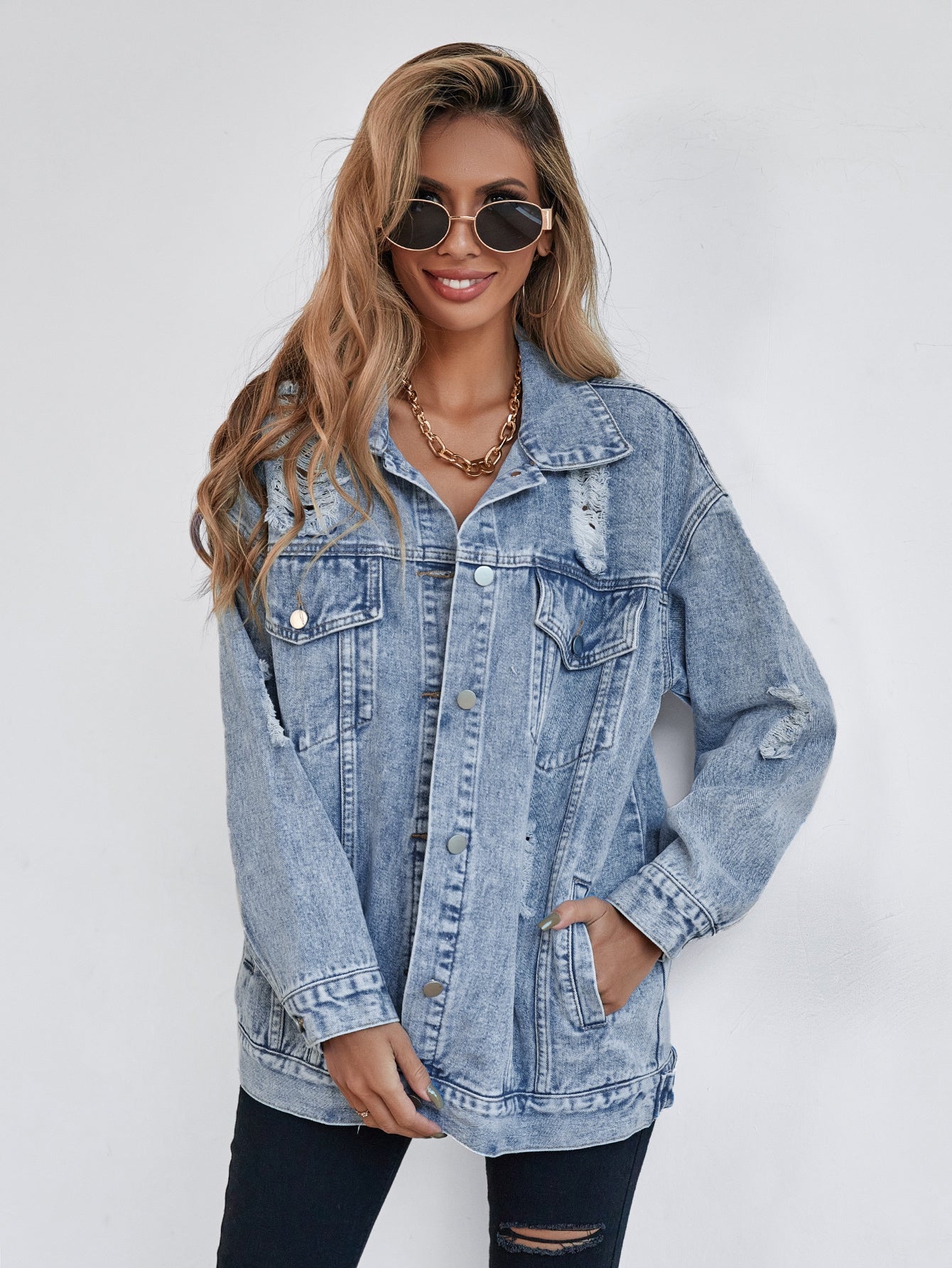 SHEIN Frenchy Button Blue Front Flap Pocket Drop Shoulder Denim Jacket Light Wash