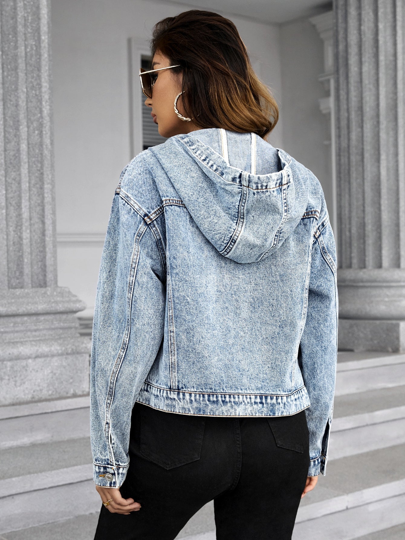 SHEIN Frenchy Flap Pocket Drop Shoulder Denim Jacket Light Wash