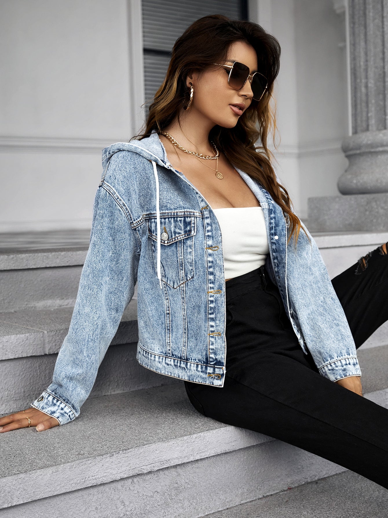 SHEIN Frenchy Flap Pocket Drop Shoulder Denim Jacket Light Wash
