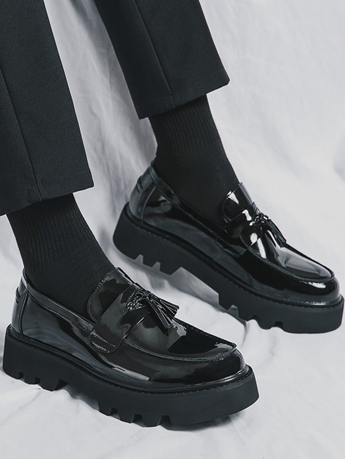 Men's Formal Thick Platform Leather Shoes, Height Increasing And Simple Design Black