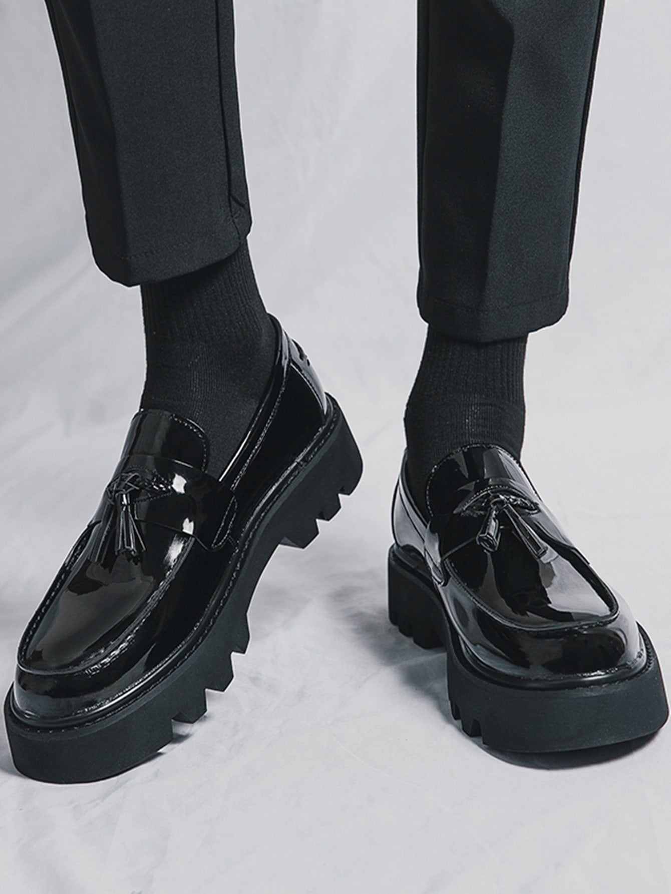 Men's Formal Thick Platform Leather Shoes, Height Increasing And Simple Design Black
