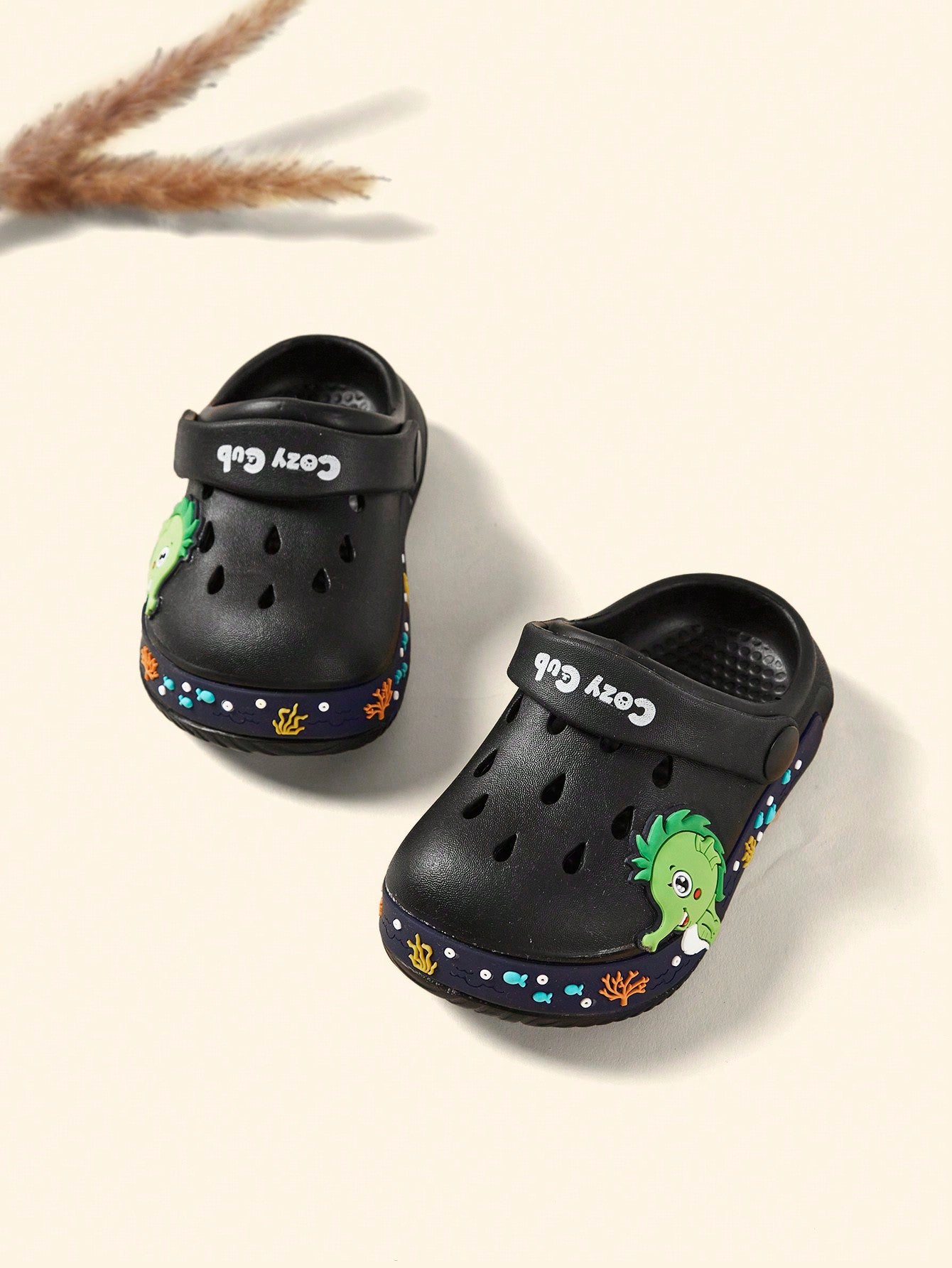 Cozy Pixies Spring/Summer Basic Cute Dinosaur Design Beach Baby Sandals With Holes, Indoor/Outdoor Use Black