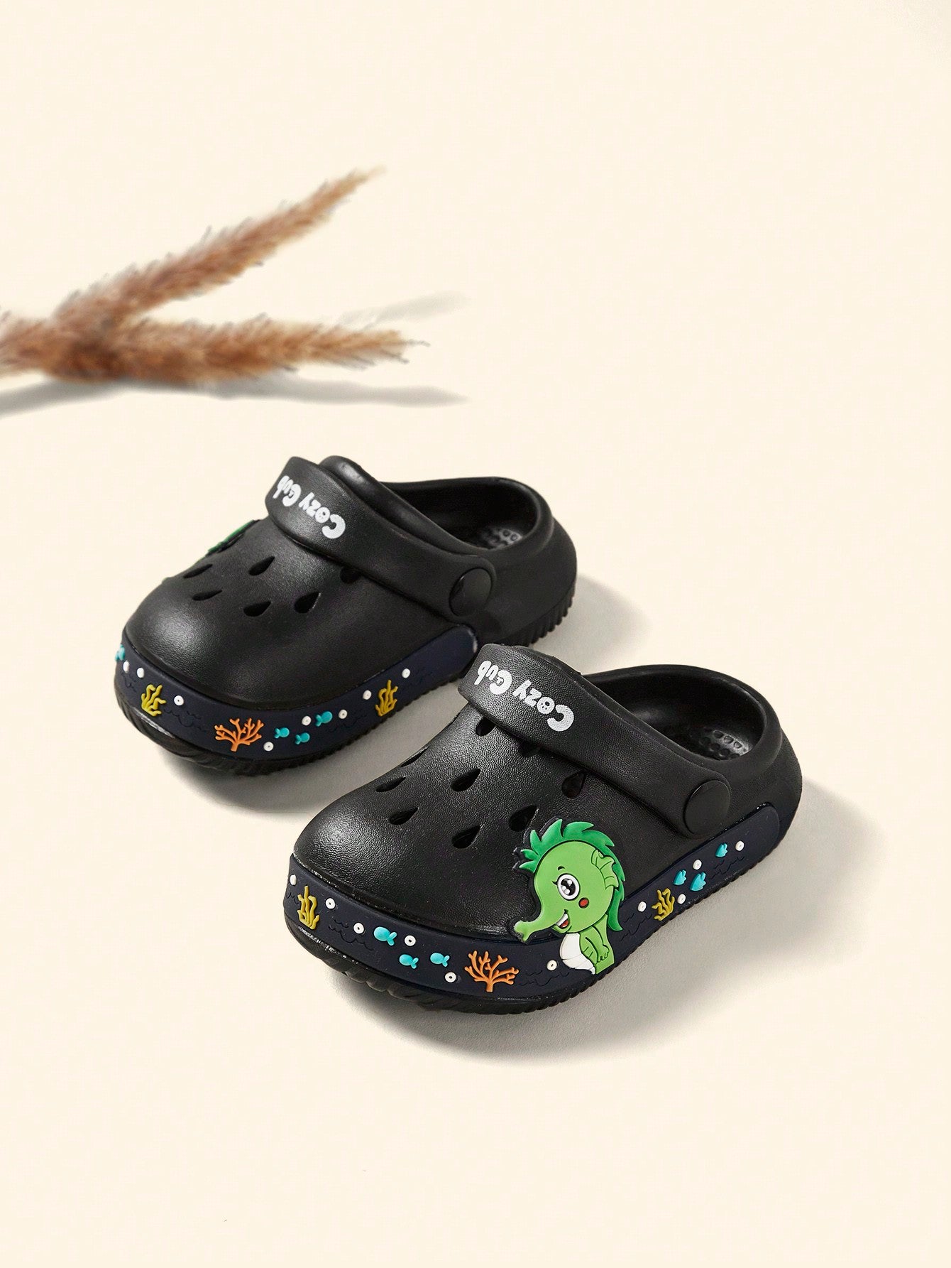Cozy Pixies Spring/Summer Basic Cute Dinosaur Design Beach Baby Sandals With Holes, Indoor/Outdoor Use Black
