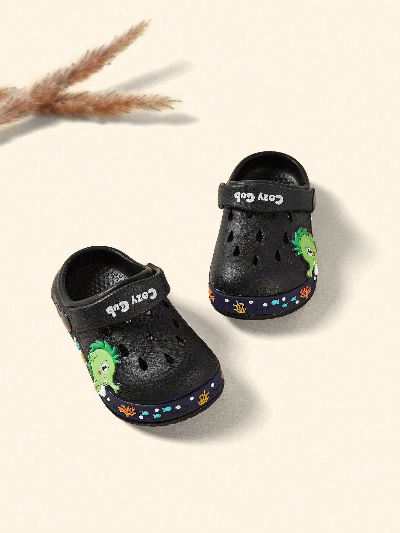 Cozy Pixies Spring/Summer Basic Cute Dinosaur Design Beach Baby Sandals With Holes, Indoor/Outdoor Use Black