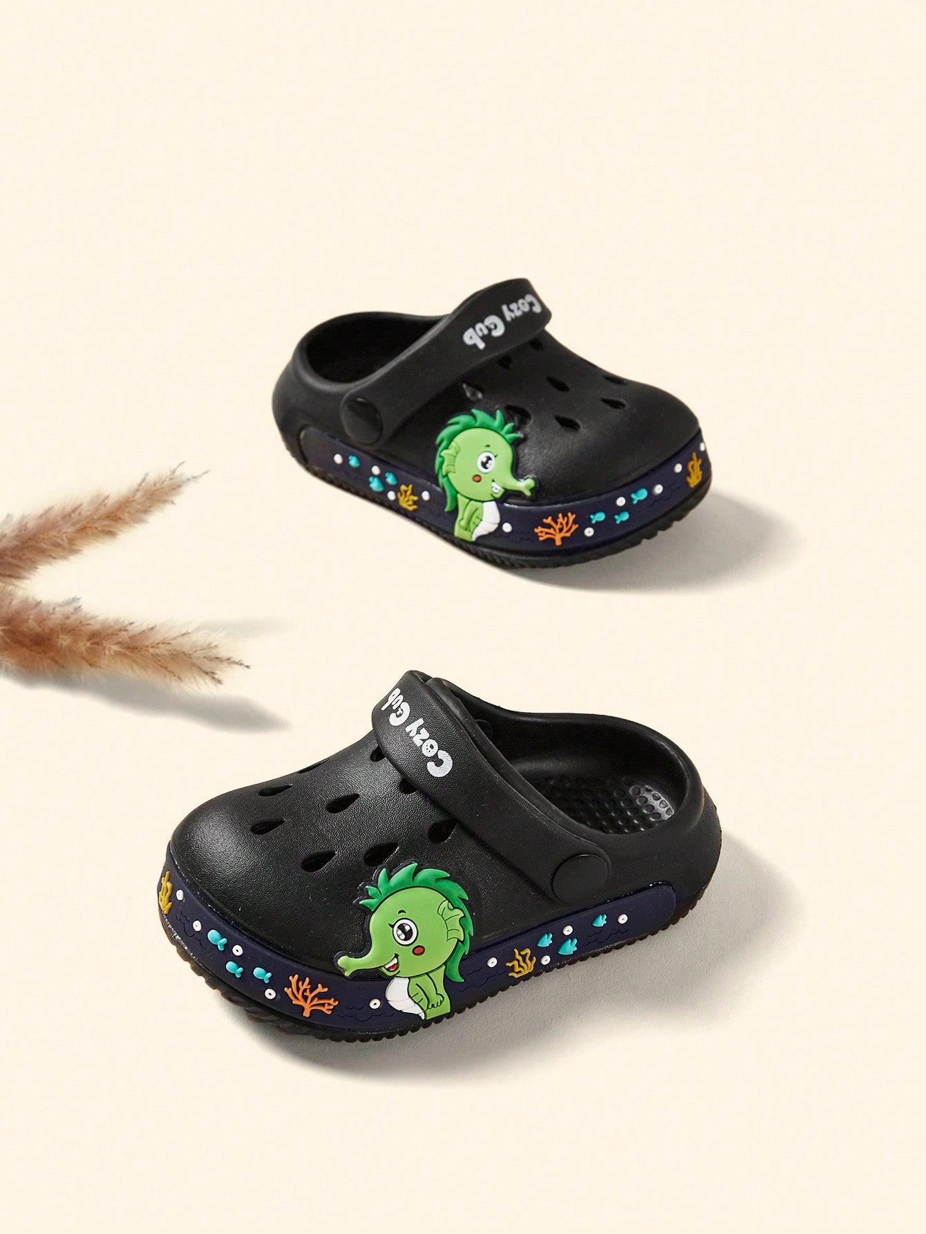 Cozy Pixies Spring/Summer Basic Cute Dinosaur Design Beach Baby Sandals With Holes, Indoor/Outdoor Use Black
