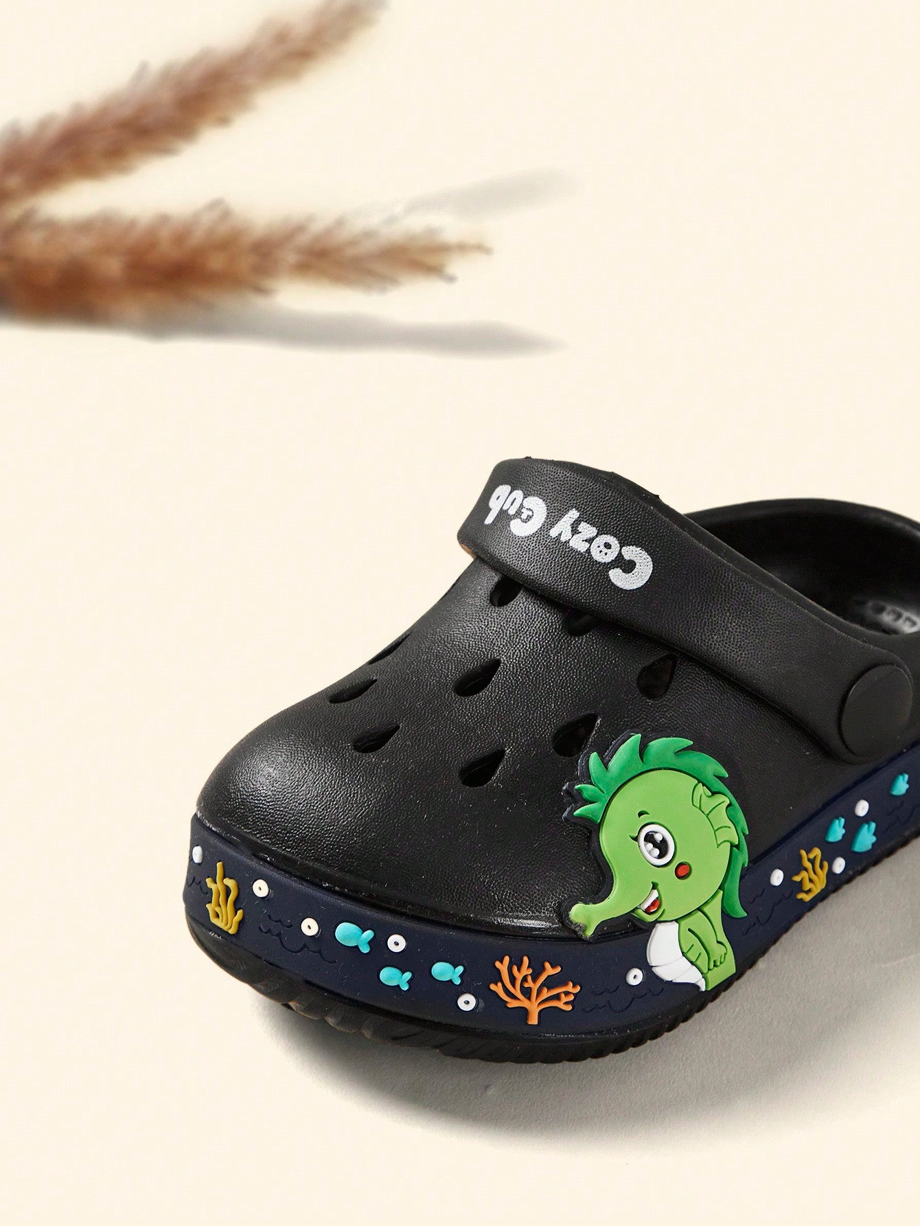 Cozy Pixies Spring/Summer Basic Cute Dinosaur Design Beach Baby Sandals With Holes, Indoor/Outdoor Use Black