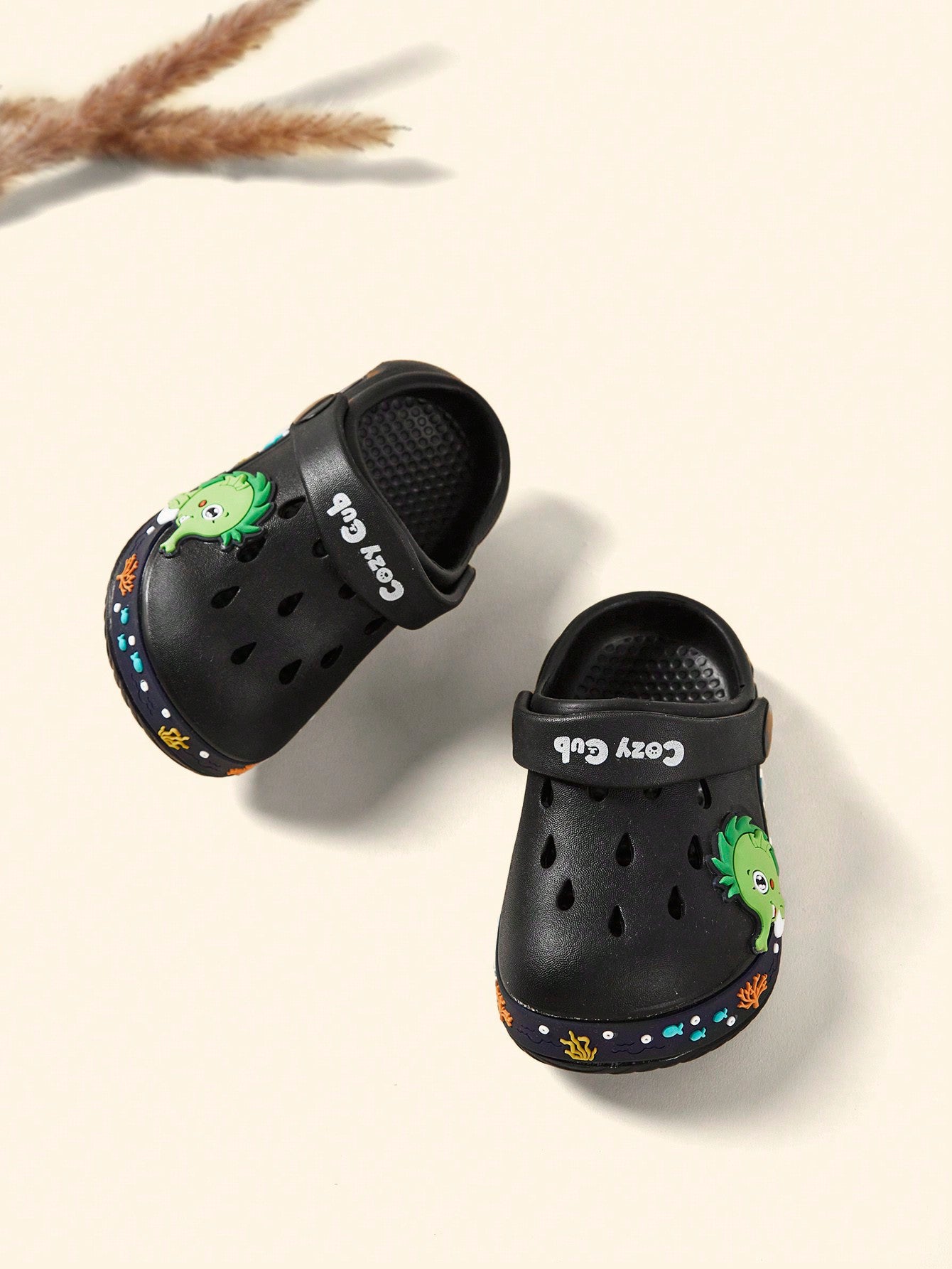 Cozy Pixies Spring/Summer Basic Cute Dinosaur Design Beach Baby Sandals With Holes, Indoor/Outdoor Use Black