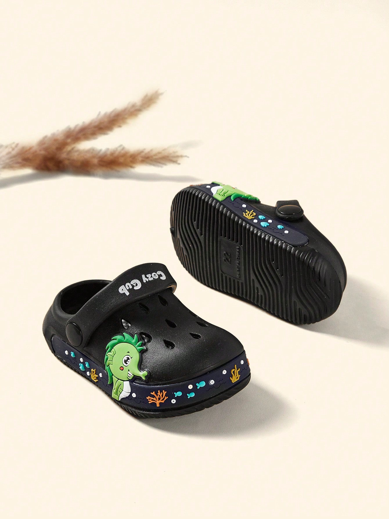 Cozy Pixies Spring/Summer Basic Cute Dinosaur Design Beach Baby Sandals With Holes, Indoor/Outdoor Use Black