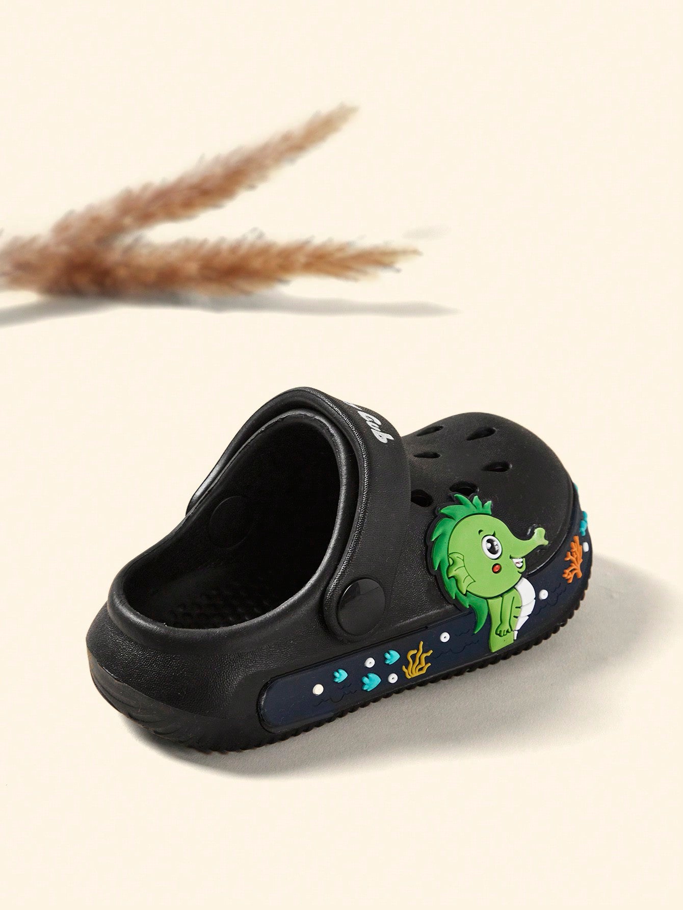 Cozy Pixies Spring/Summer Basic Cute Dinosaur Design Beach Baby Sandals With Holes, Indoor/Outdoor Use Black