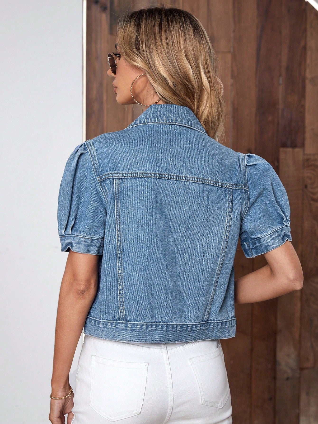 Puff Sleeve Button Front Denim Jacket Medium Wash