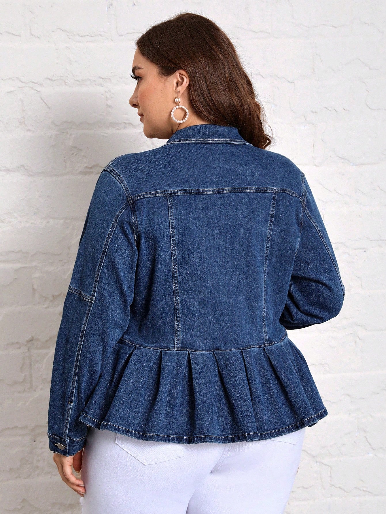 SHEIN Essnce Plus Flap Detail Fold Pleated Peplum Denim Jacket Dark Wash