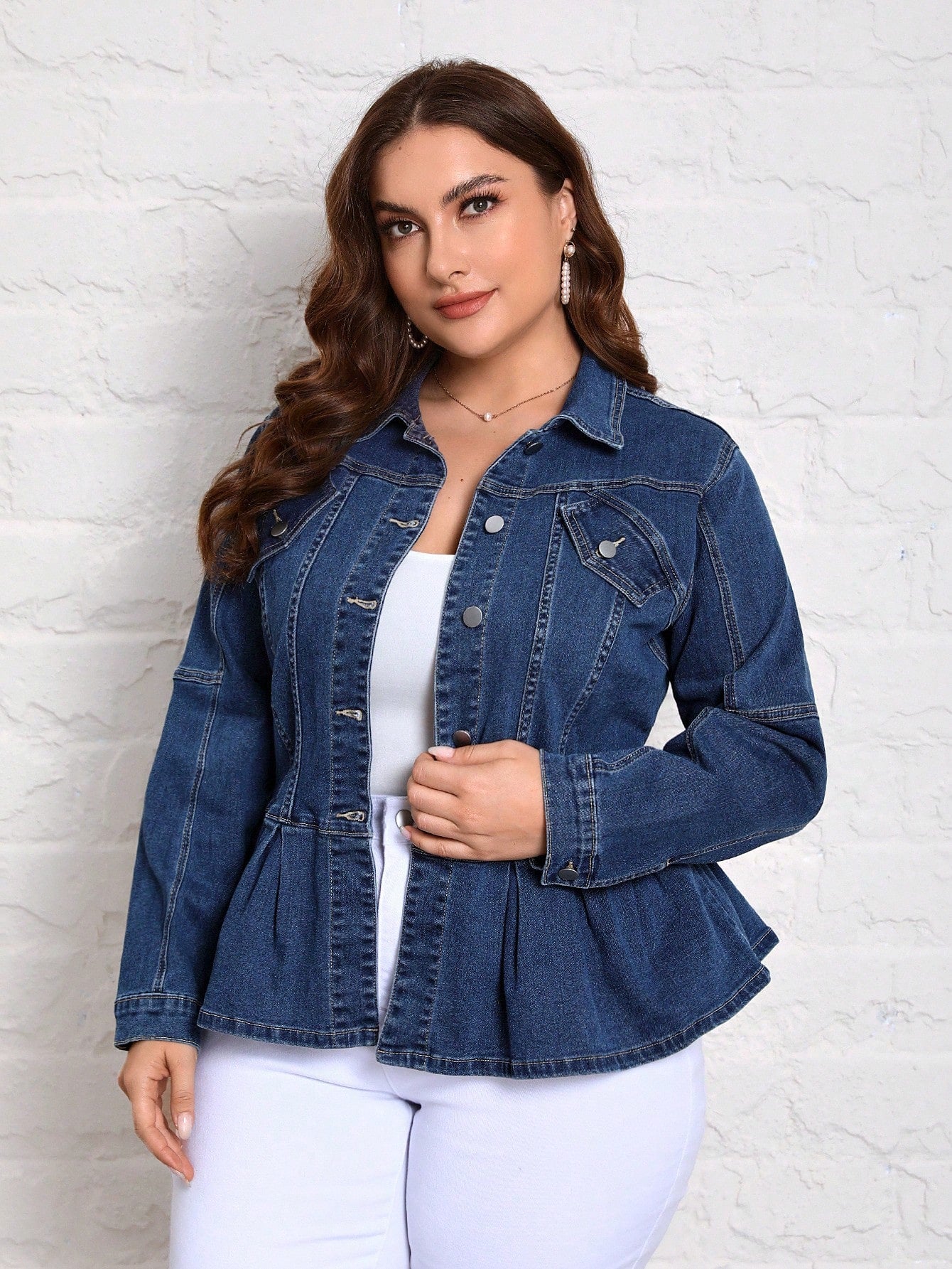 SHEIN Essnce Plus Flap Detail Fold Pleated Peplum Denim Jacket Dark Wash