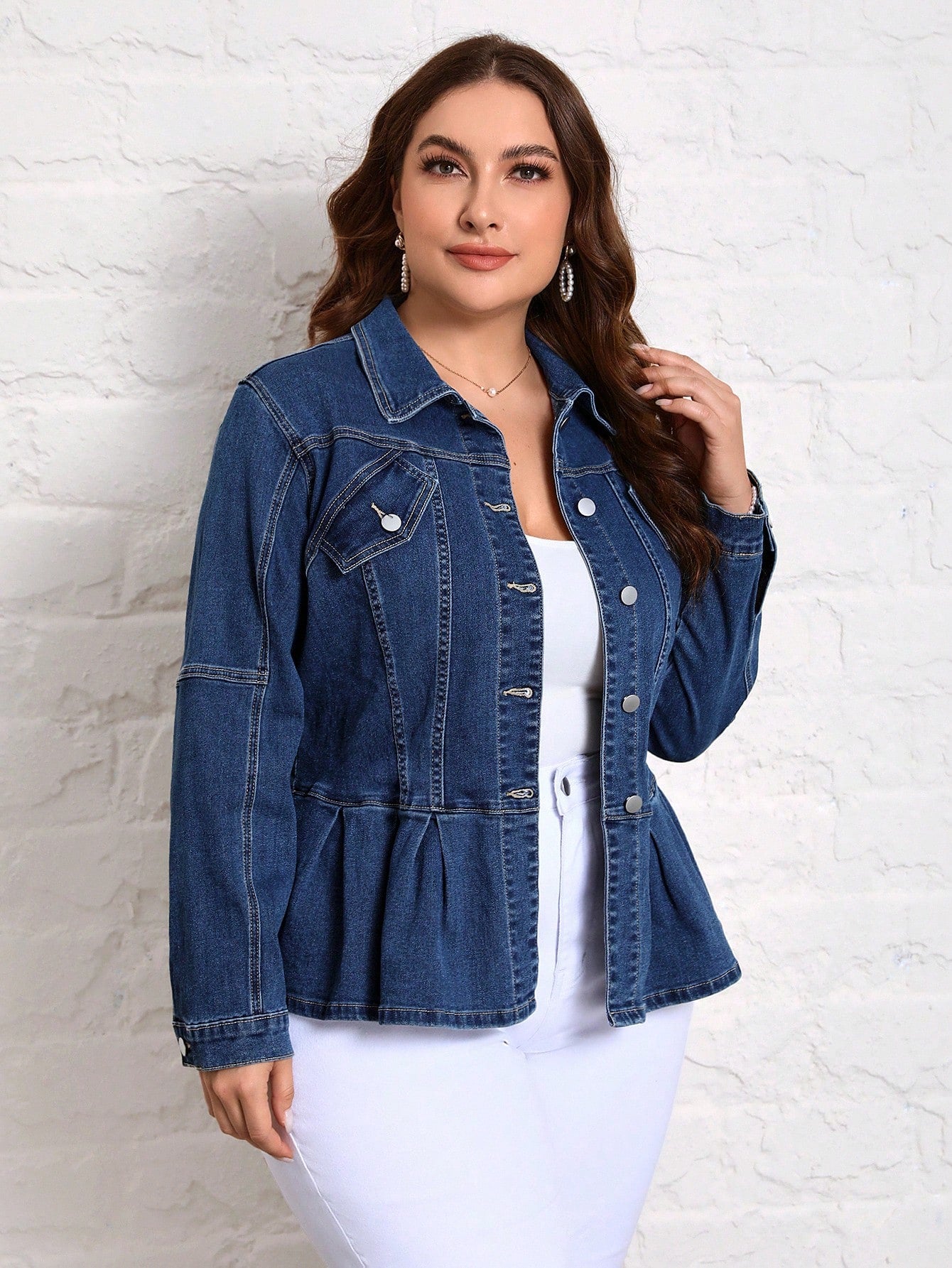 SHEIN Essnce Plus Flap Detail Fold Pleated Peplum Denim Jacket Dark Wash