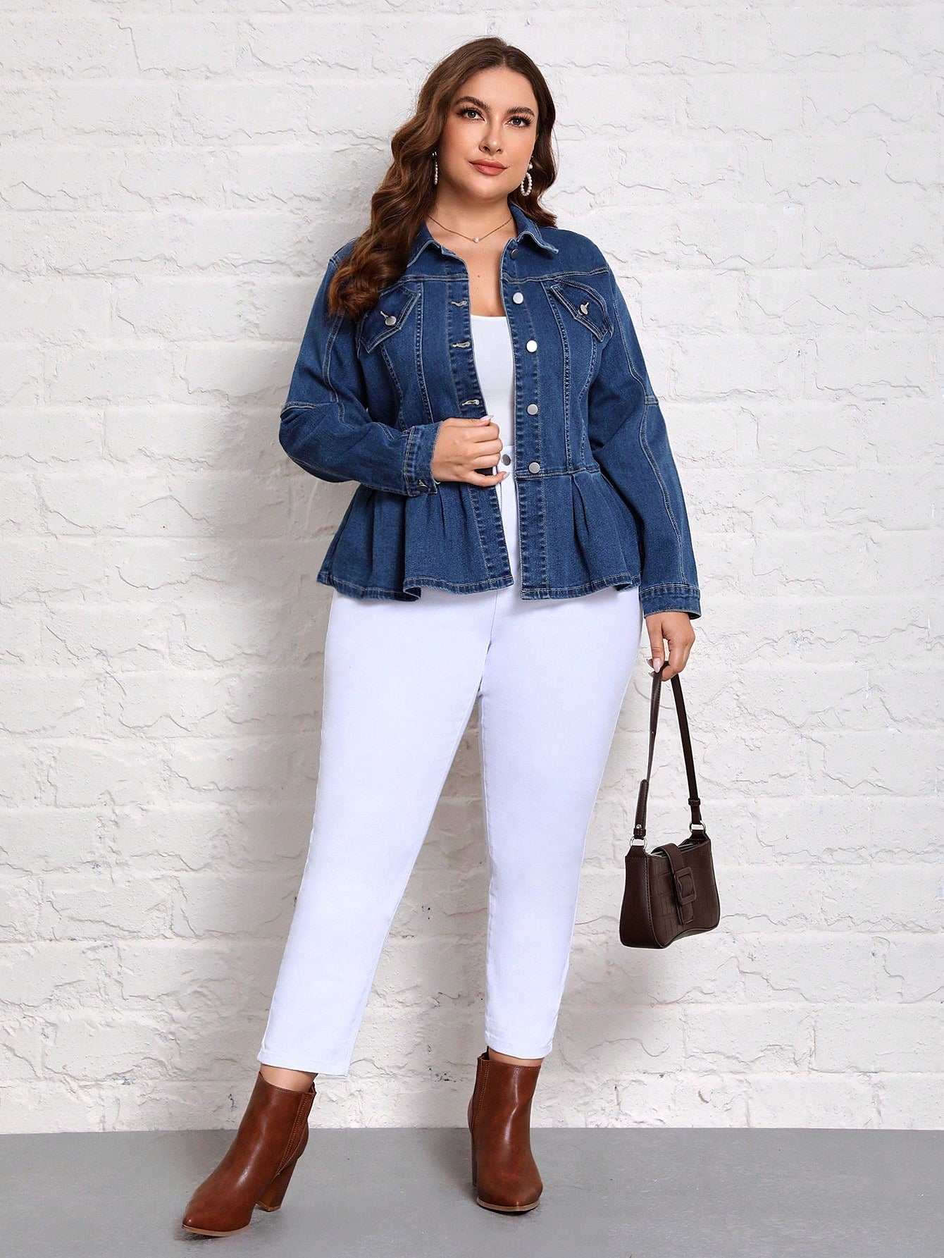 SHEIN Essnce Plus Flap Detail Fold Pleated Peplum Denim Jacket Dark Wash