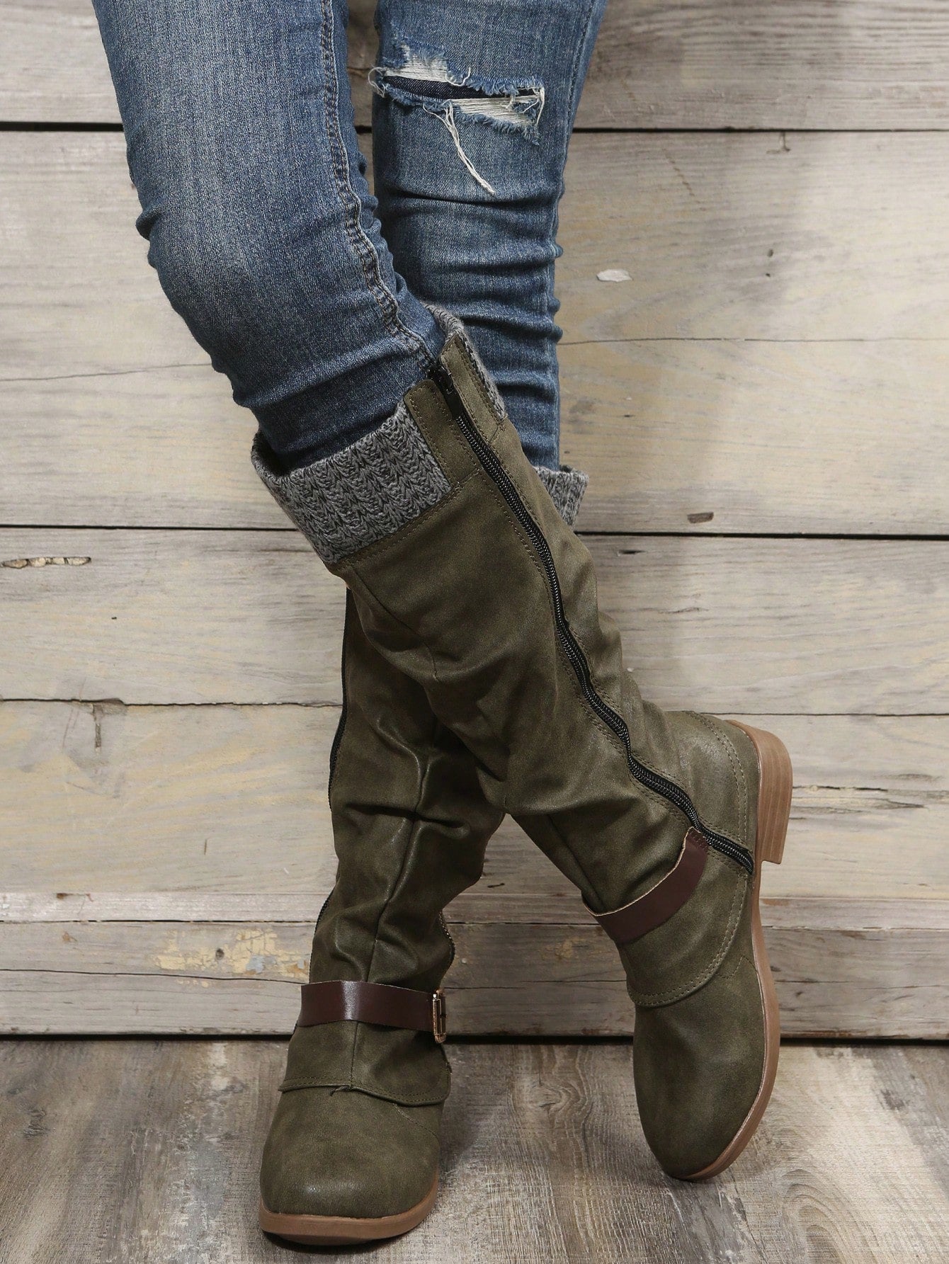 Women's Knee-High Tight Knit Low Heel Riding Boots , Match With Cardigan Army Green