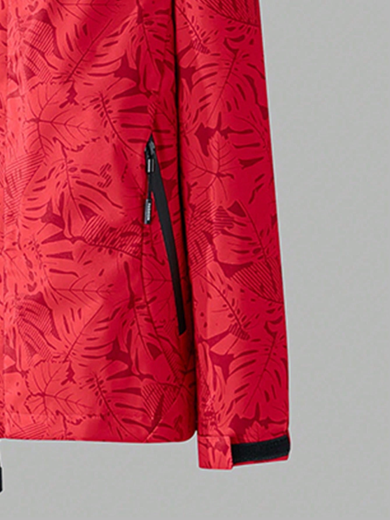 Women's Outdoor Sport Windbreaker, Tropical Plant Printed Hooded Jacket Workout Jacket Red