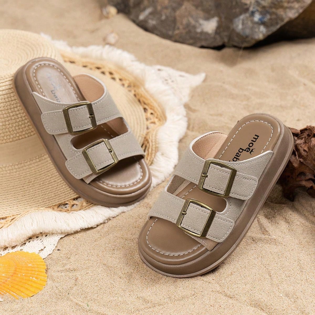 Summer Soft Sole Kids Slippers Sandals Flat Shoes Beach Shoes Unisex Big Kids Open Toe Retro Flip Flops Non-Slip Beige