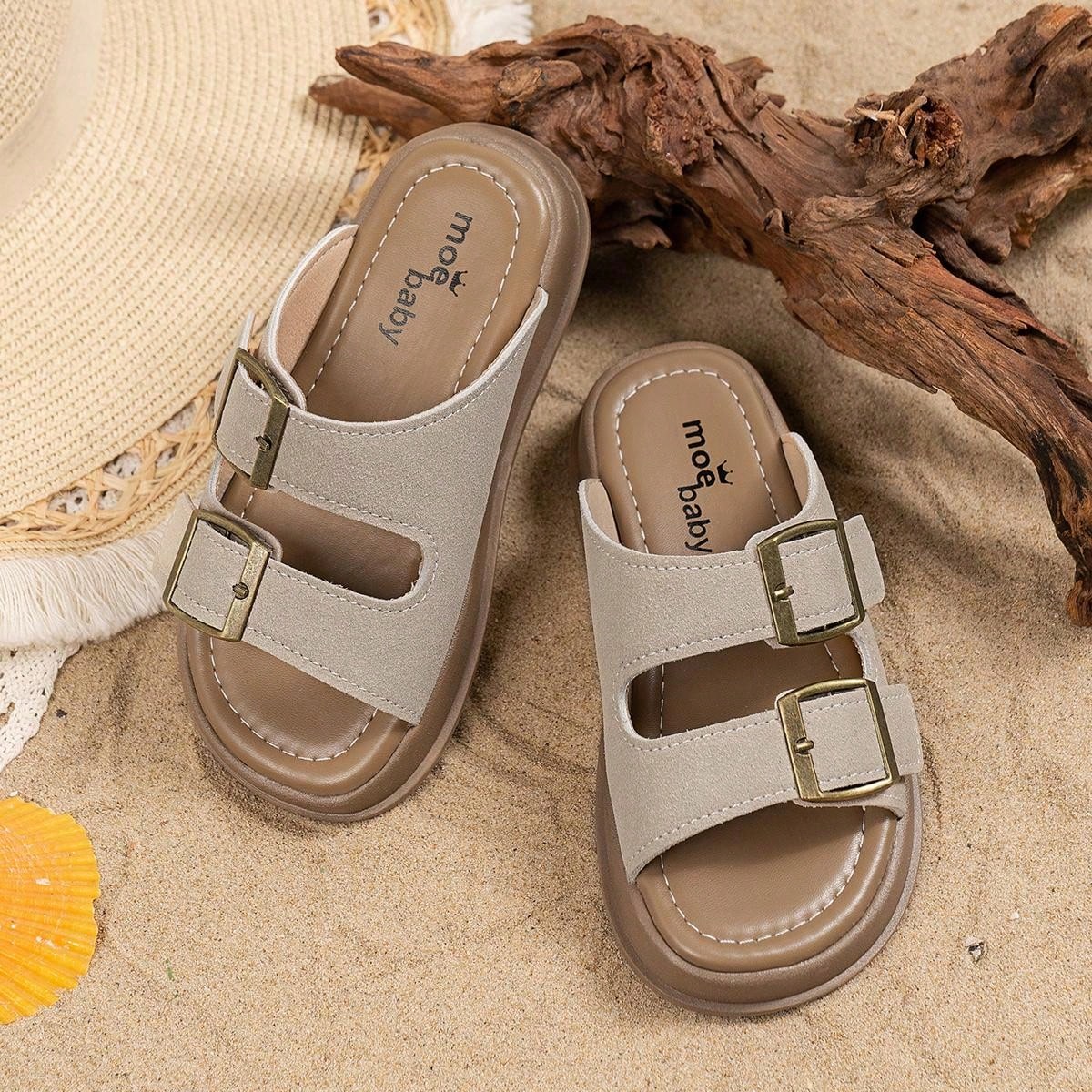 Summer Soft Sole Kids Slippers Sandals Flat Shoes Beach Shoes Unisex Big Kids Open Toe Retro Flip Flops Non-Slip Beige