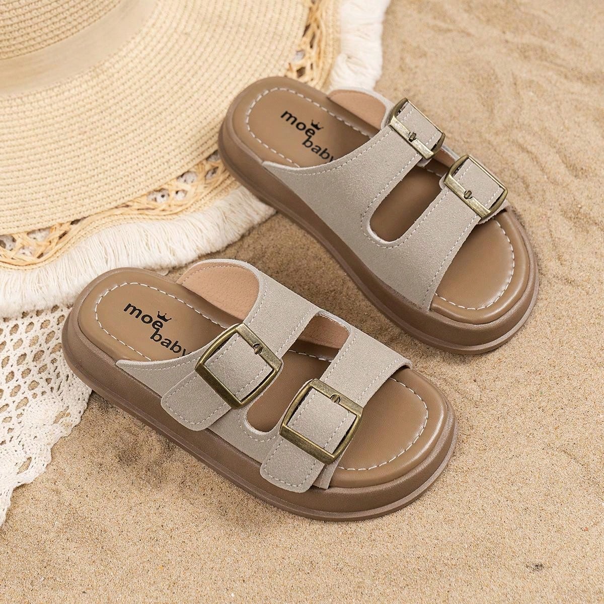 Summer Soft Sole Kids Slippers Sandals Flat Shoes Beach Shoes Unisex Big Kids Open Toe Retro Flip Flops Non-Slip Beige