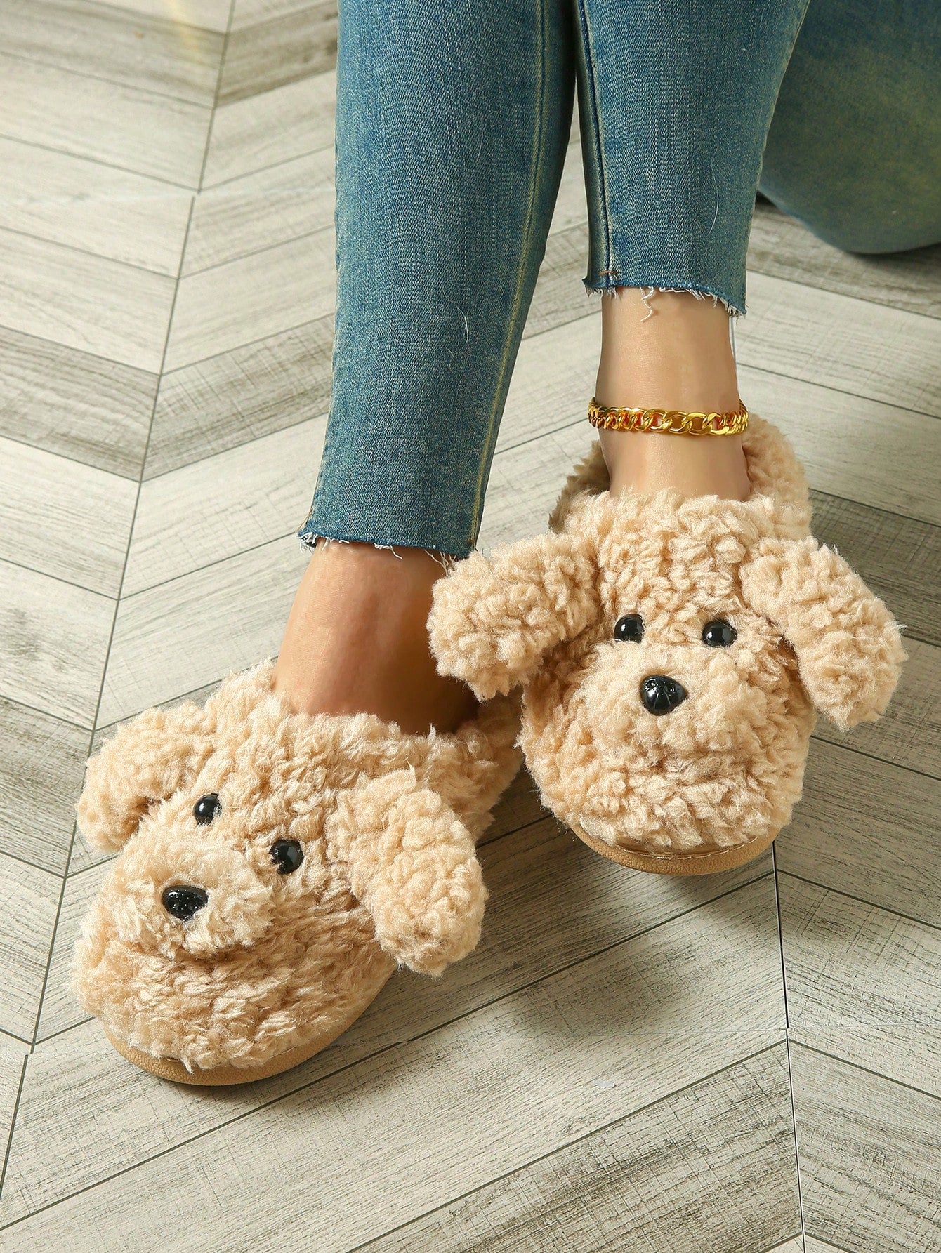 Cute Wind Plush Camel Color Teddy Dog Fashion Home Indoor And Outdoor Home Comfortable Ladies Slippers Camel