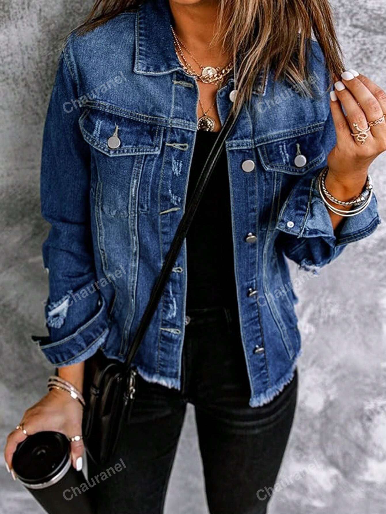 Women's Simple Solid Color Distressed Washed Denim Jacket Blue