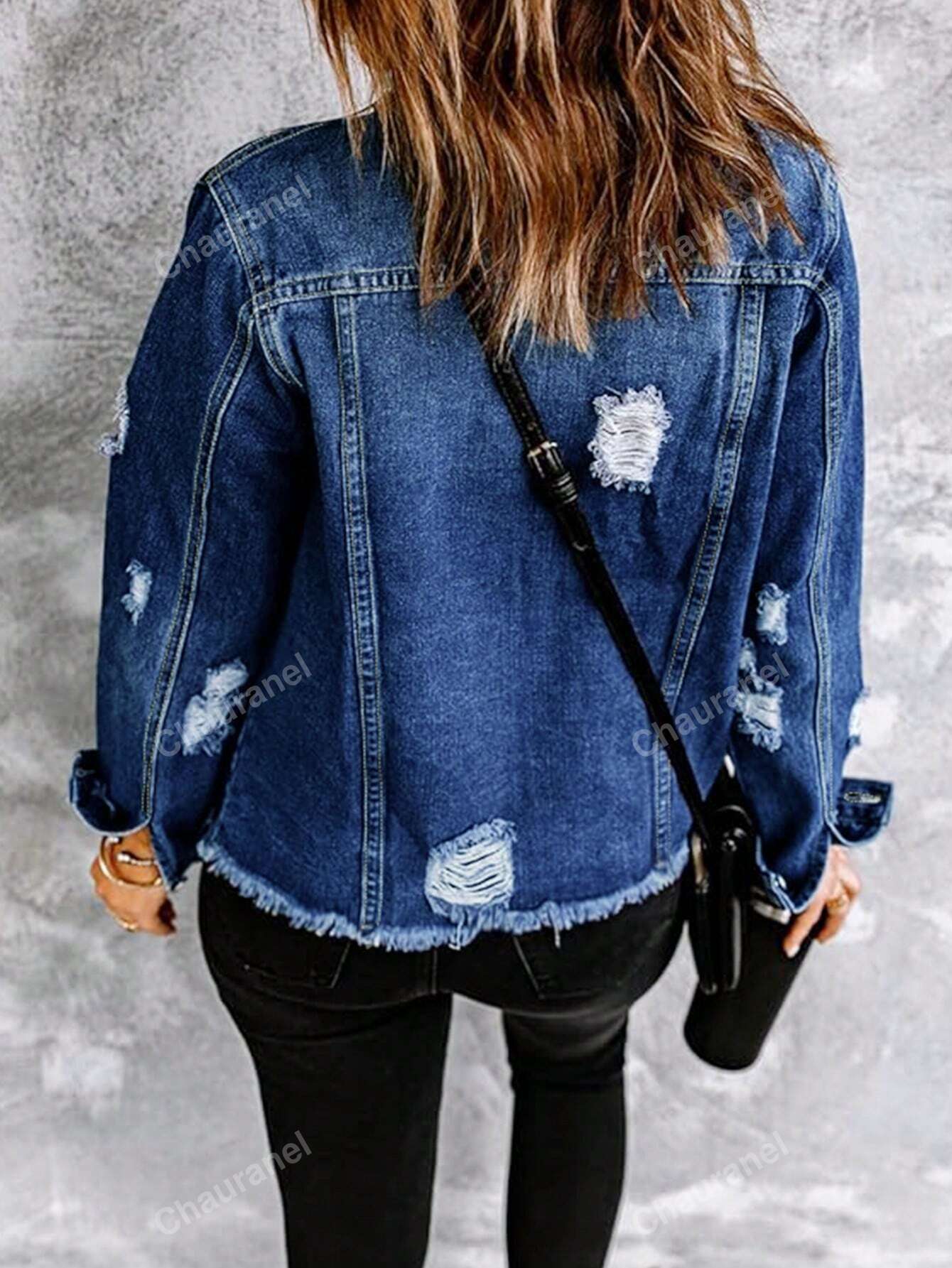 Women's Simple Solid Color Distressed Washed Denim Jacket Blue