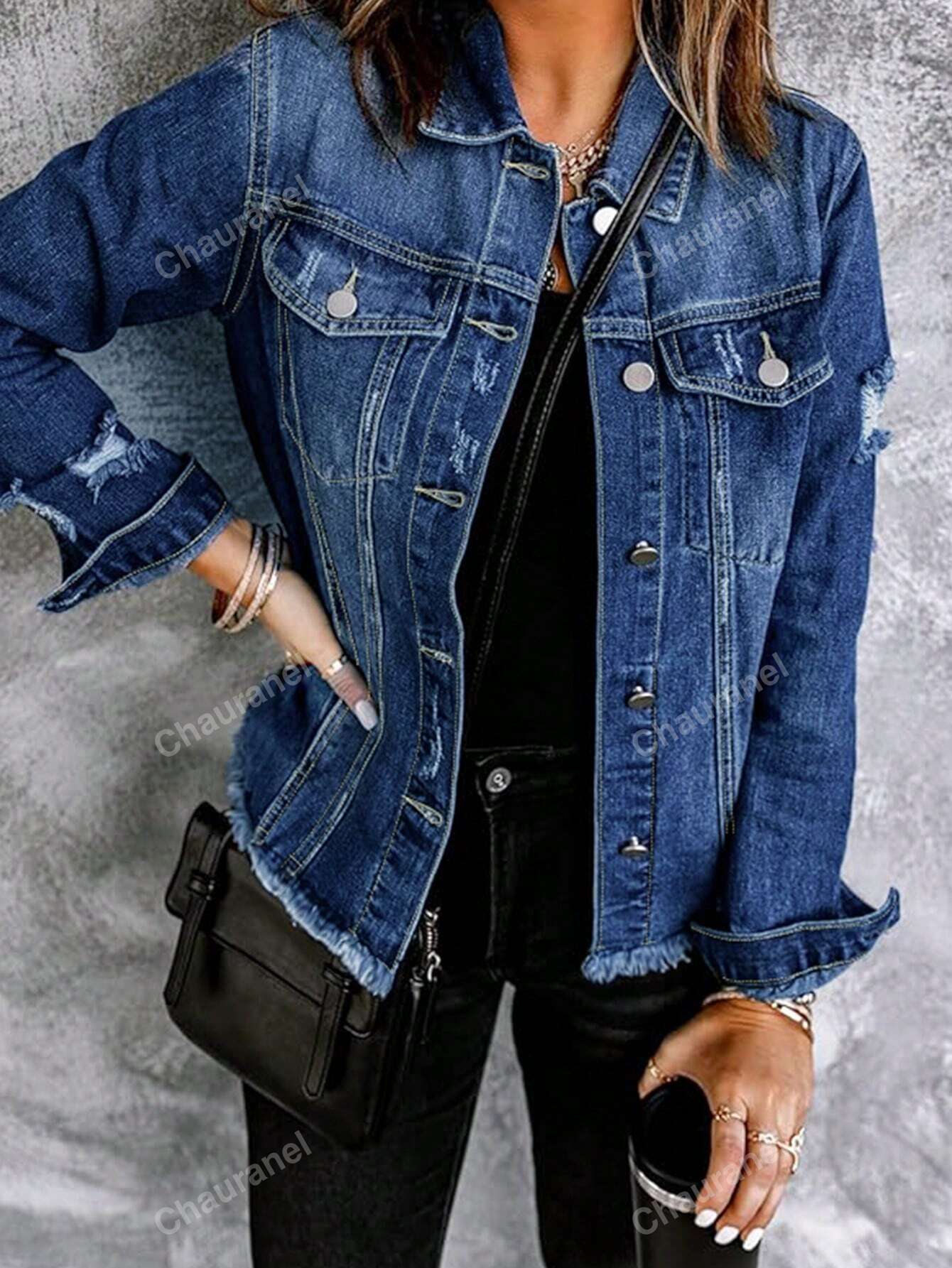 Women's Simple Solid Color Distressed Washed Denim Jacket Blue