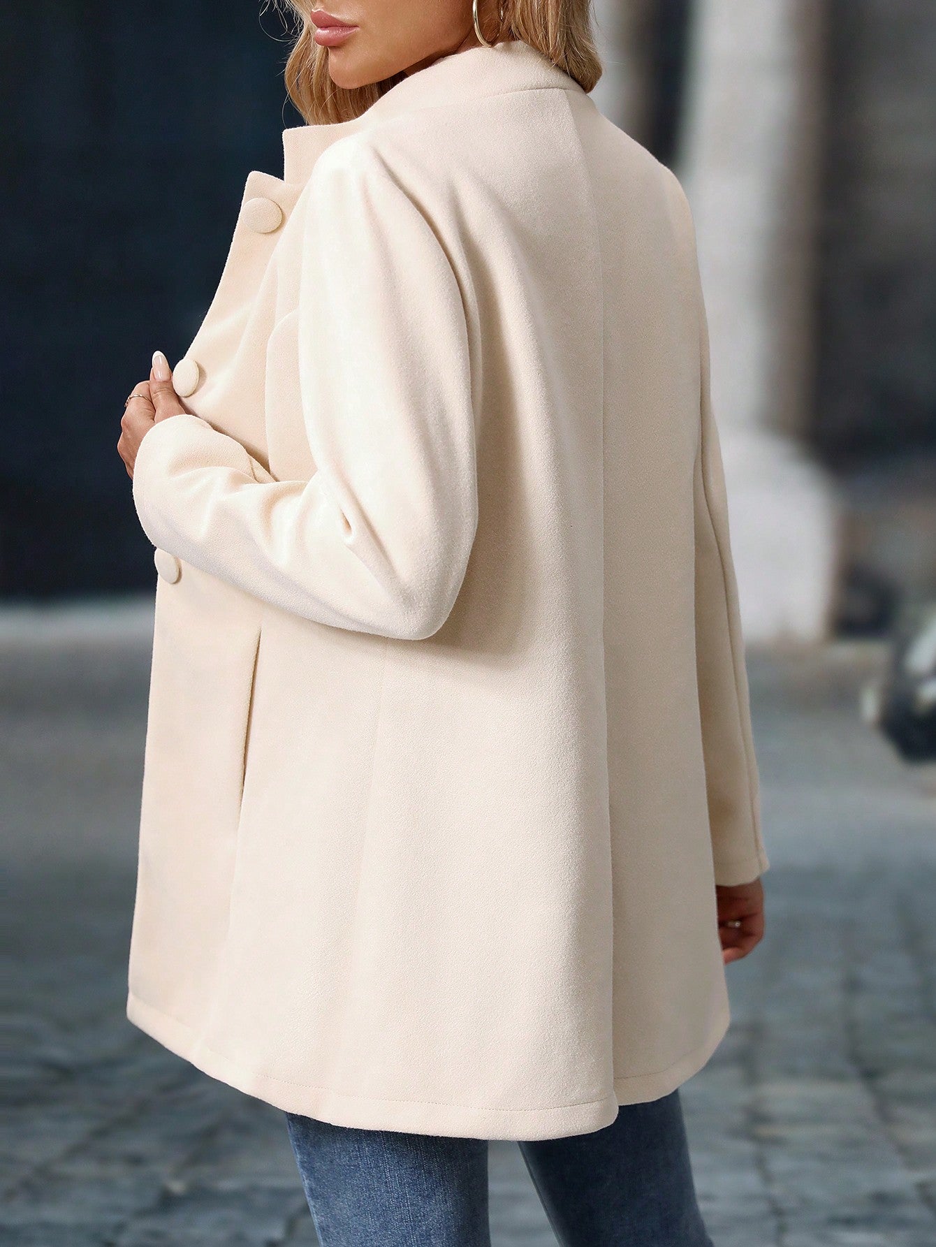 EMERY ROSE 1pc Women Casual Thick Collar Midi Jacket, Fall/Winter Khaki