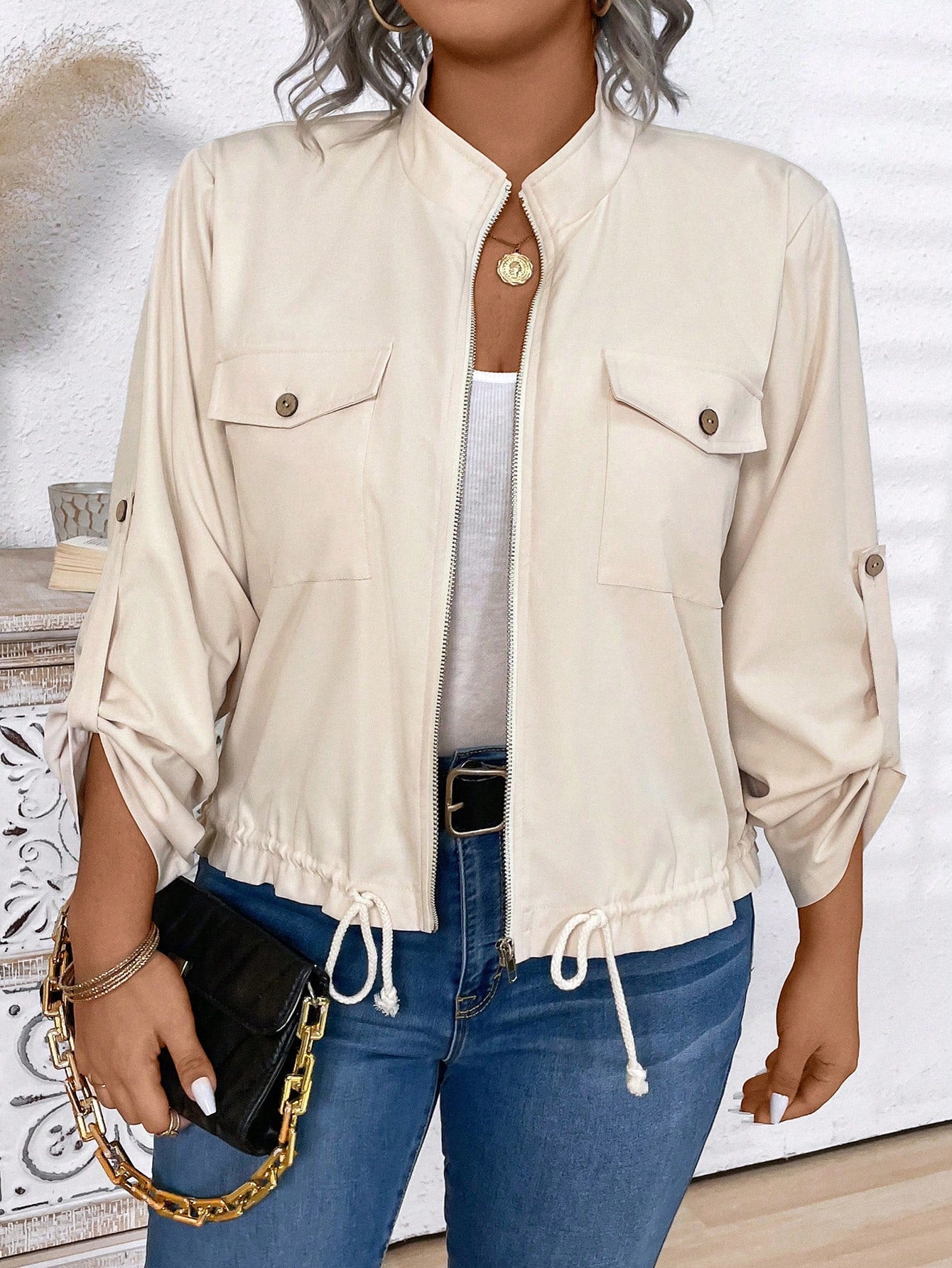Plus Size Women's Solid Color Turn-Up Sleeve Loose Utility Pockets Casual Jacket, Spring Autumn Apricot