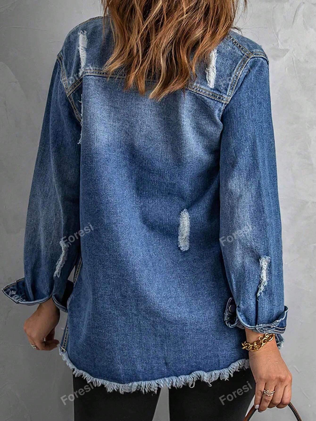 Ladies' Simple Ripped Fringe Denim Jacket Medium Wash