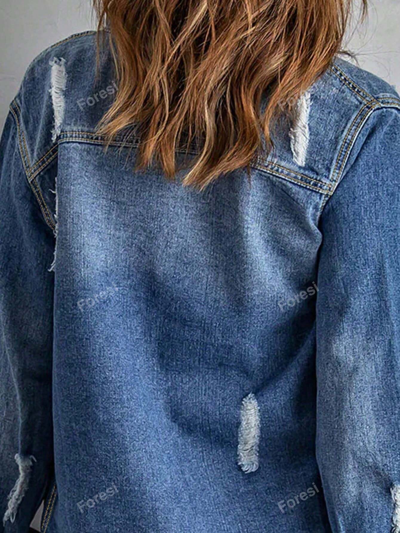 Ladies' Simple Ripped Fringe Denim Jacket Medium Wash