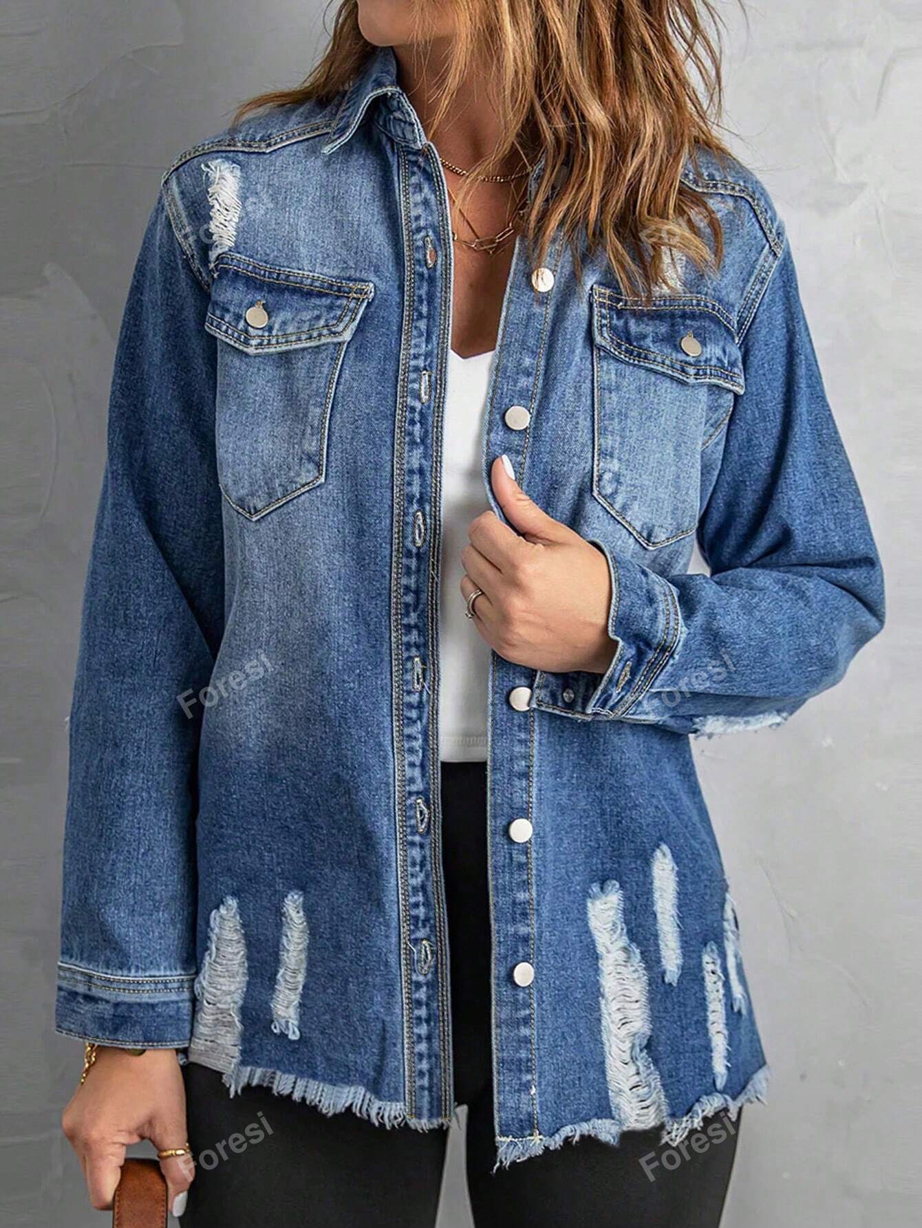 Ladies' Simple Ripped Fringe Denim Jacket Medium Wash