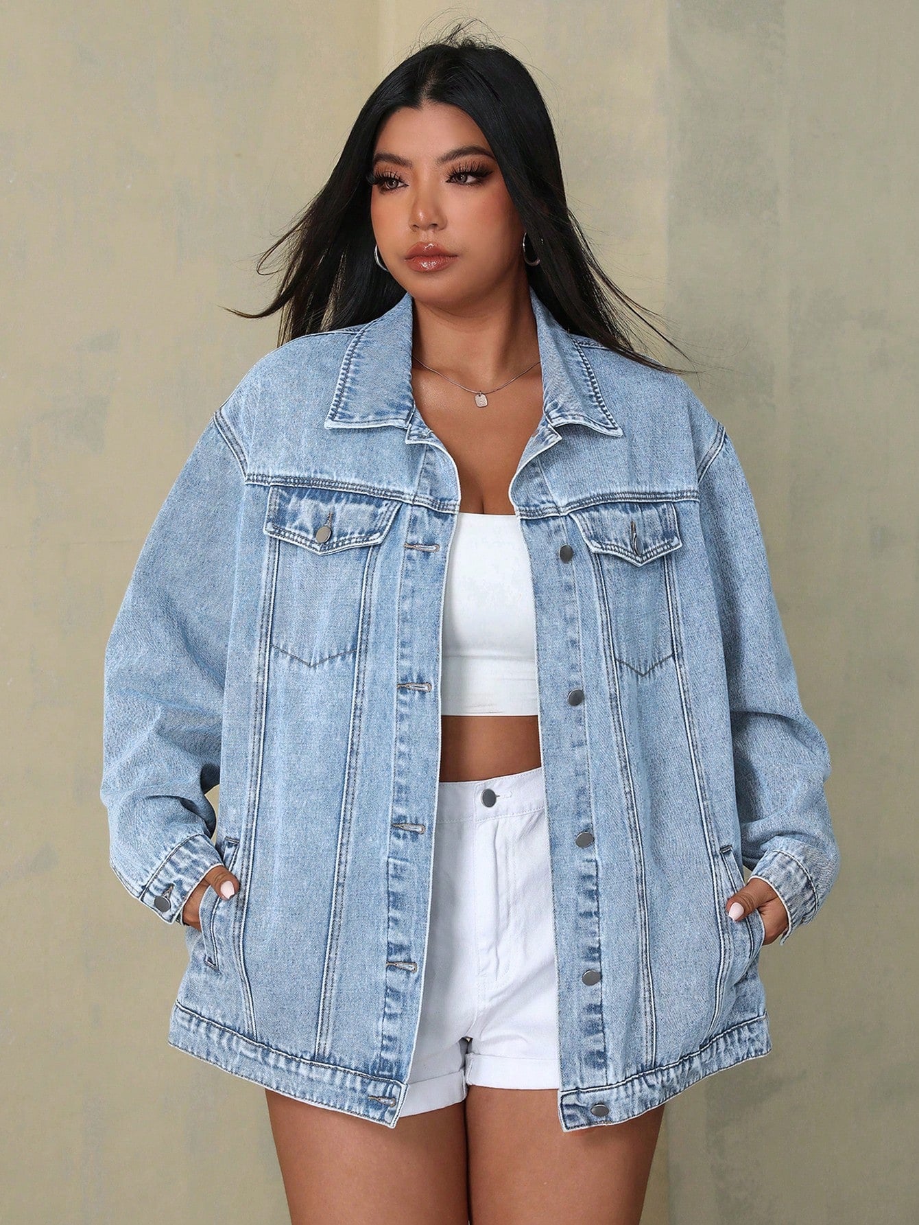 SHEIN EZwear Plus Size Women's Casual Loose Fit Drop Shoulder Long Sleeve Denim Jacket, Spring Autumn Light Wash