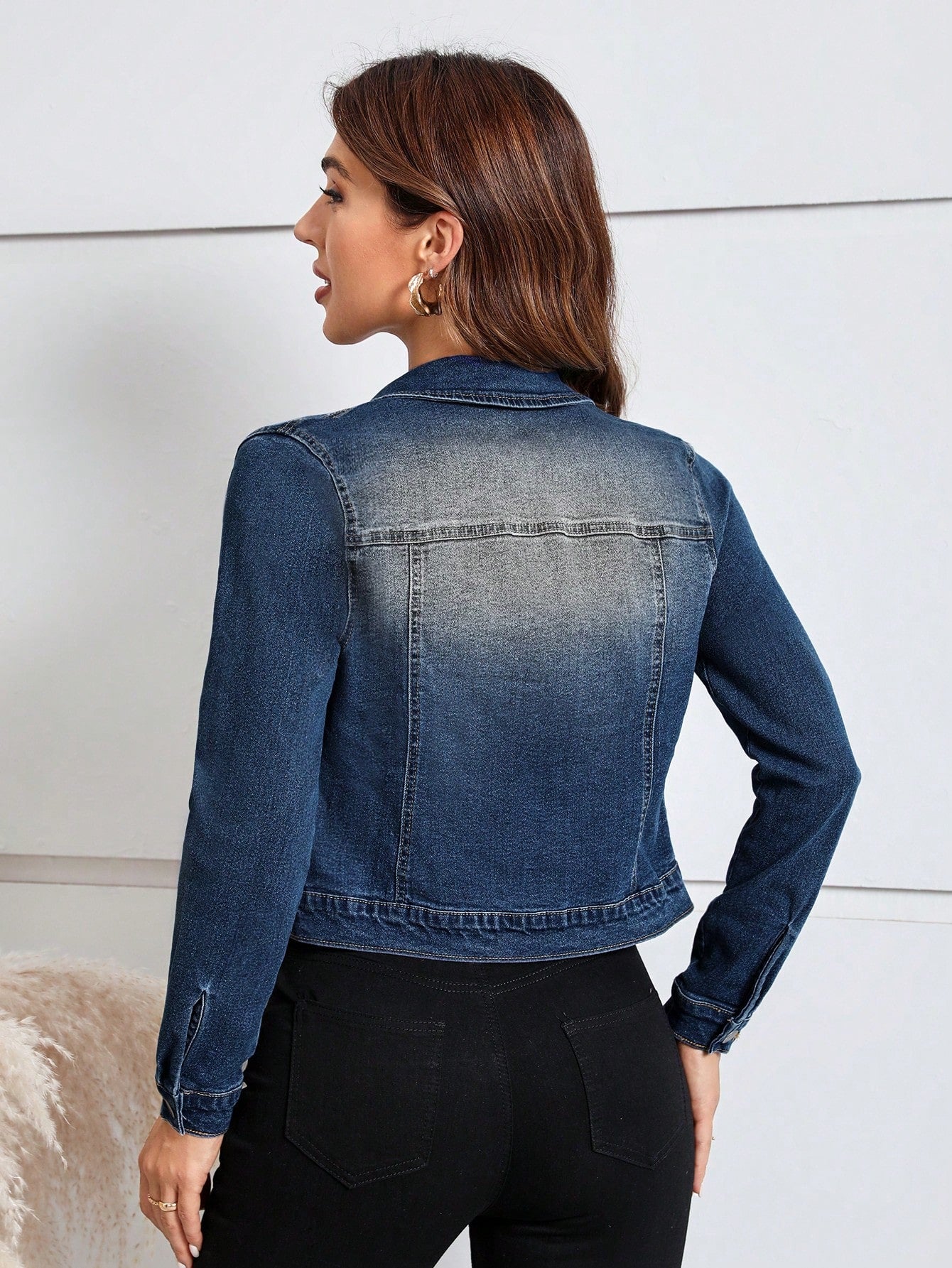 SHEIN LUNE Women's Casual Distressed Cropped Denim Jacket Dark Wash