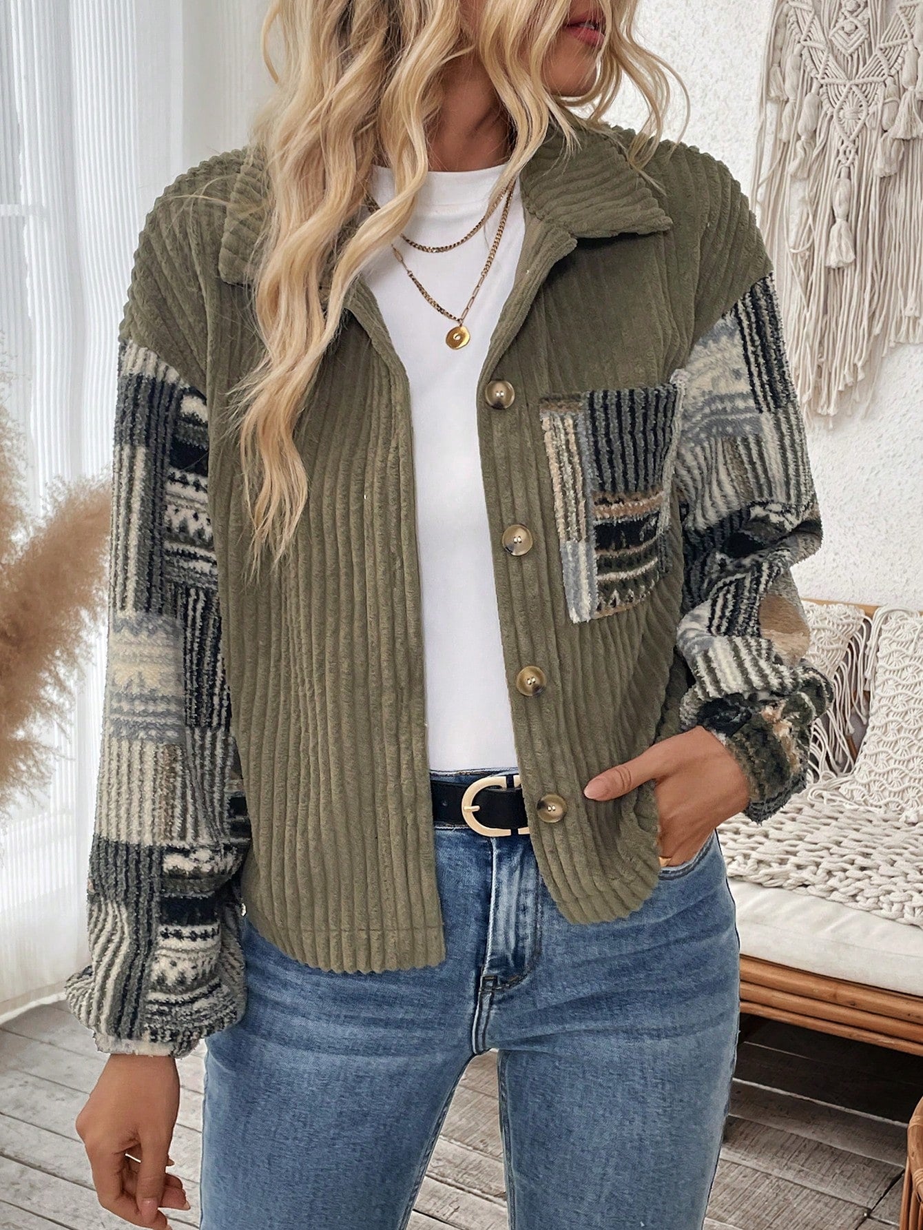 SHEIN LUNE Women's Solid Color Patchwork Button-Up Long Sleeve Jacket Army Green