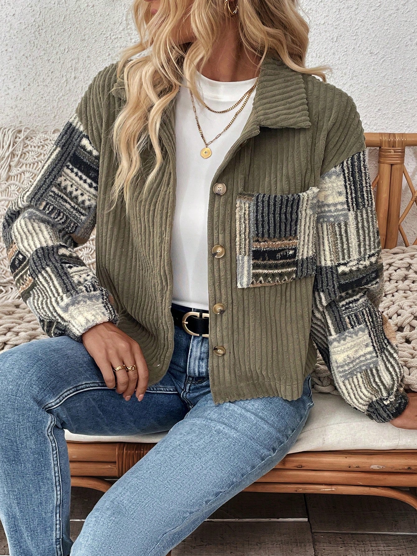 SHEIN LUNE Women's Solid Color Patchwork Button-Up Long Sleeve Jacket Army Green
