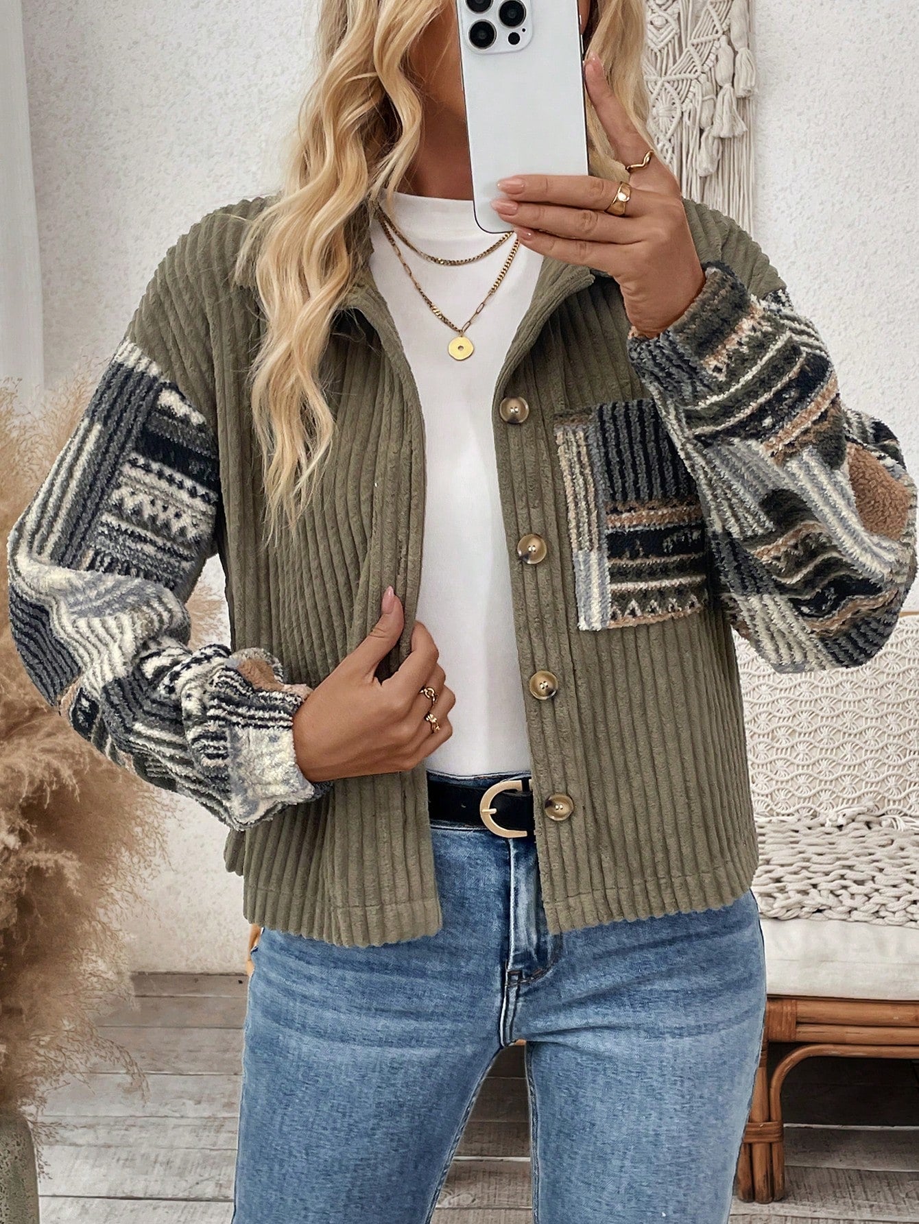 SHEIN LUNE Women's Solid Color Patchwork Button-Up Long Sleeve Jacket Army Green