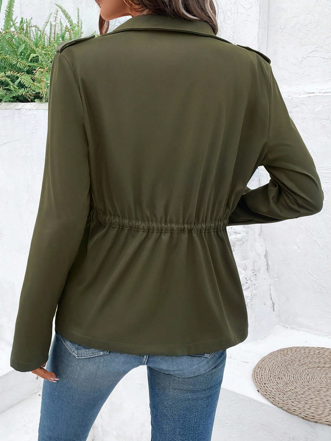 EMERY ROSE Zip-Up Stand Collar Long Sleeve Fitted Jacket Army Green
