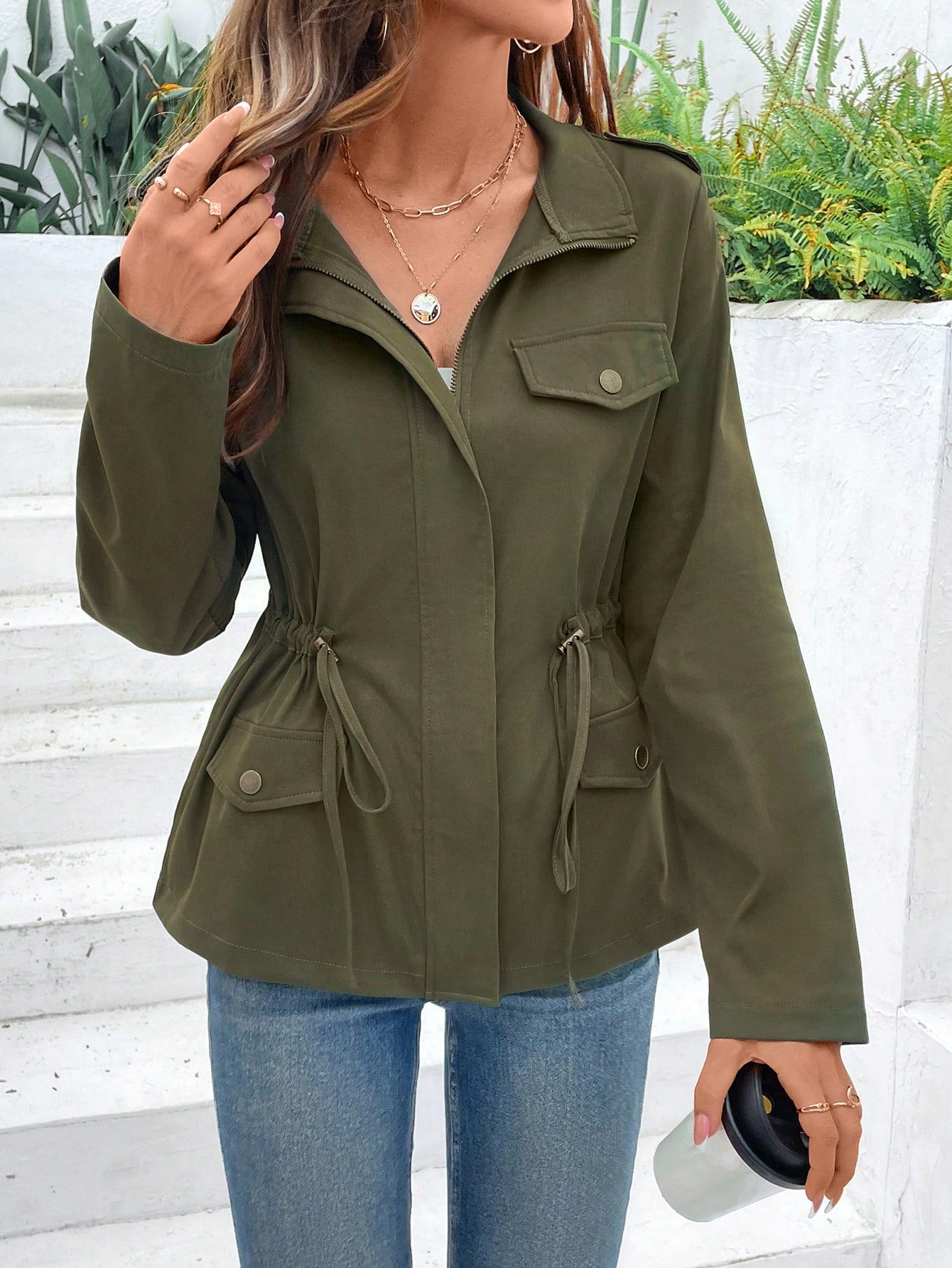 EMERY ROSE Zip-Up Stand Collar Long Sleeve Fitted Jacket Army Green