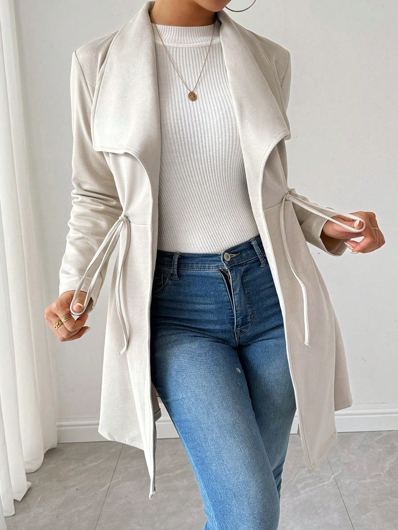 SHEIN Raffinéa Faux Deer Suede Solid Color Elegant Drawstring Long Sleeve Jacket Apricot