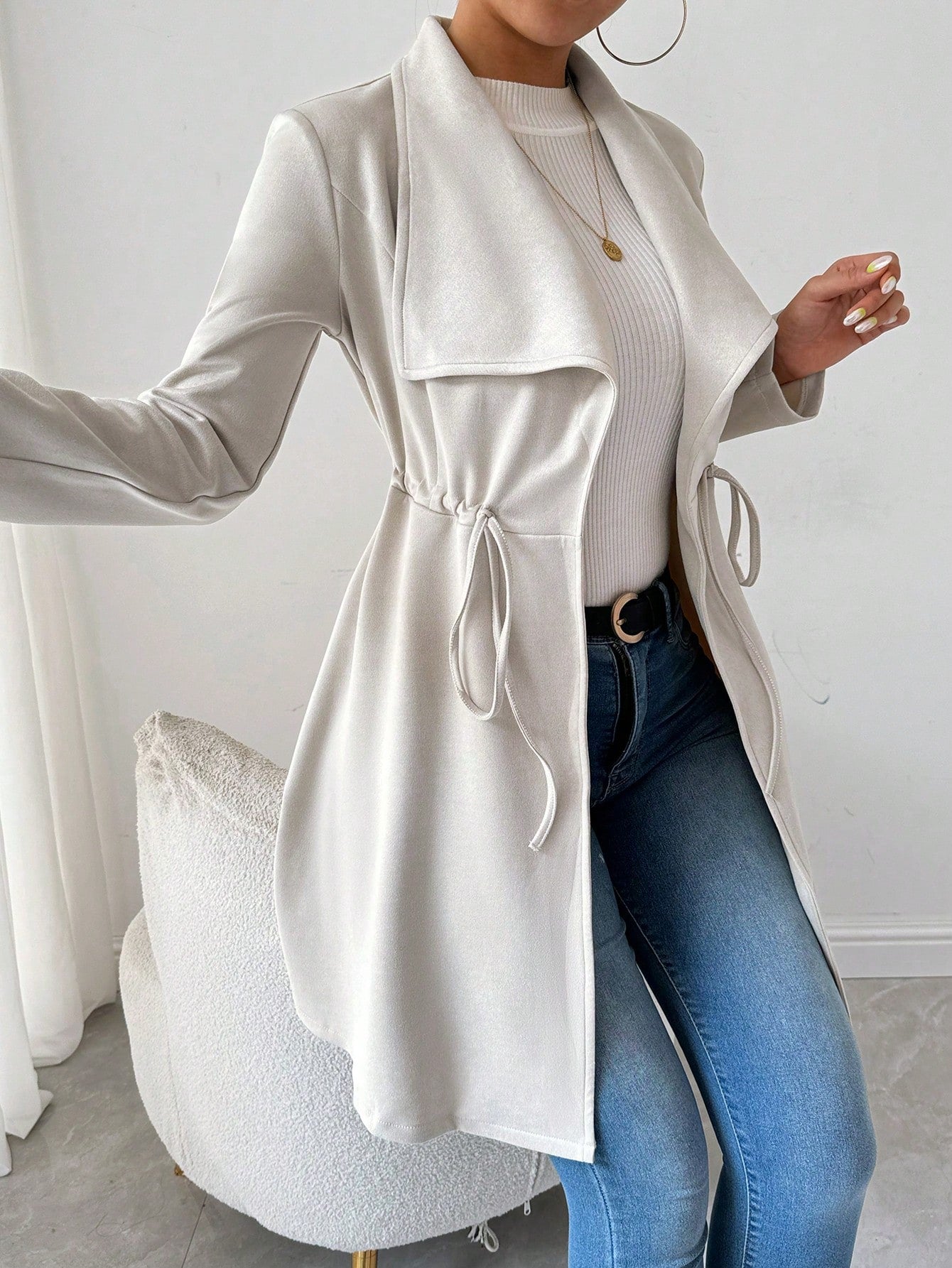 SHEIN Raffinéa Faux Deer Suede Solid Color Elegant Drawstring Long Sleeve Jacket Apricot