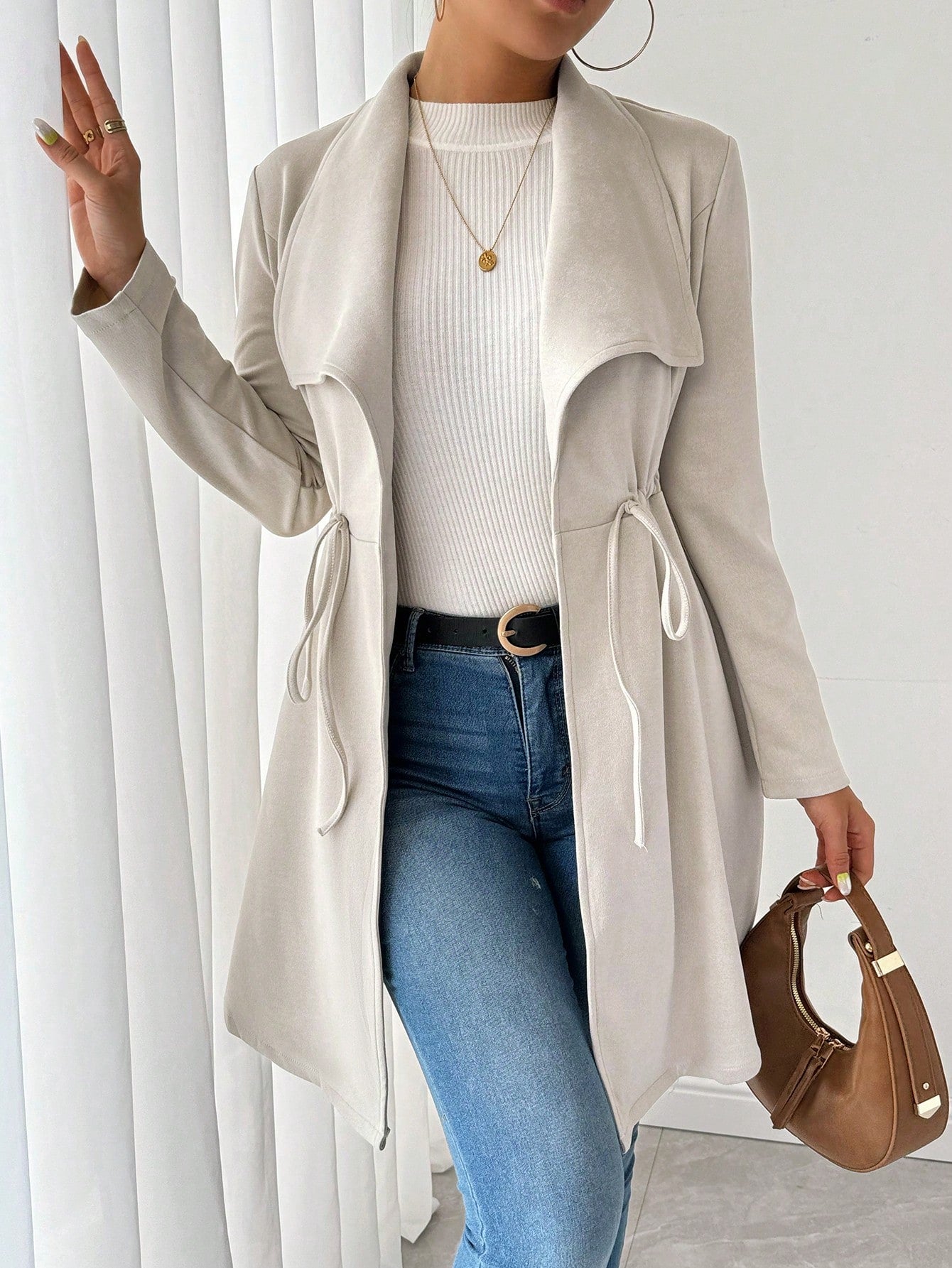 SHEIN Raffinéa Faux Deer Suede Solid Color Elegant Drawstring Long Sleeve Jacket Apricot