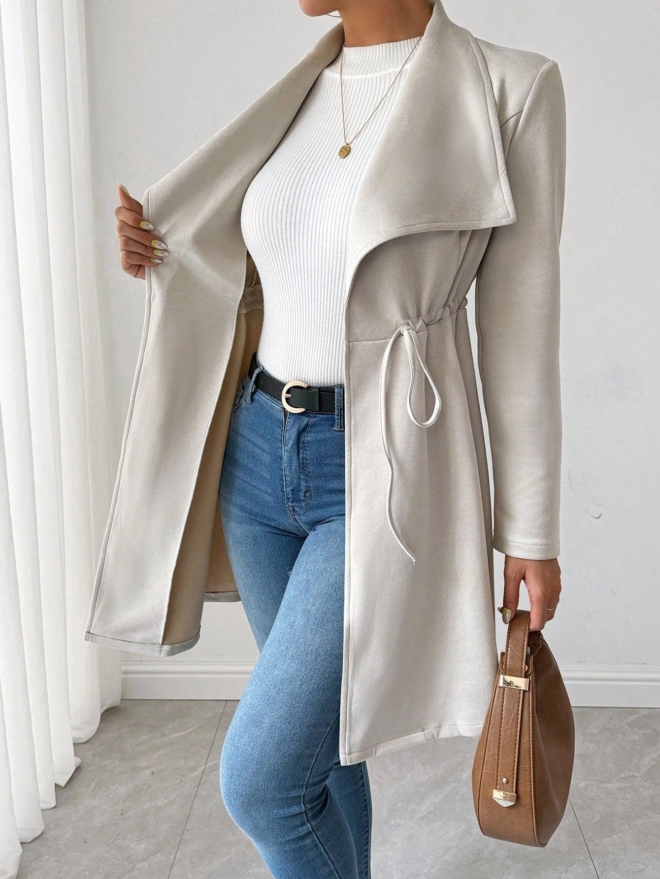 SHEIN Raffinéa Faux Deer Suede Solid Color Elegant Drawstring Long Sleeve Jacket Apricot