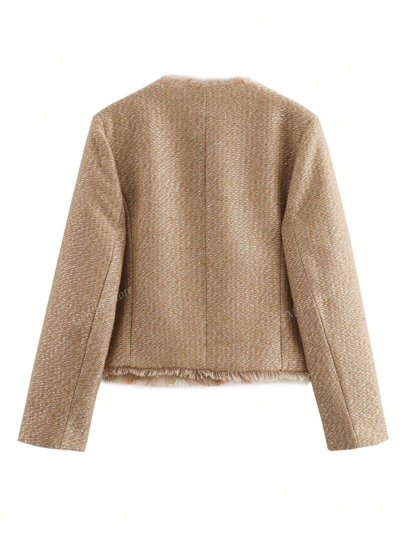 Casual Vintage Shiny Texture Short Jacket For Autumn Khaki