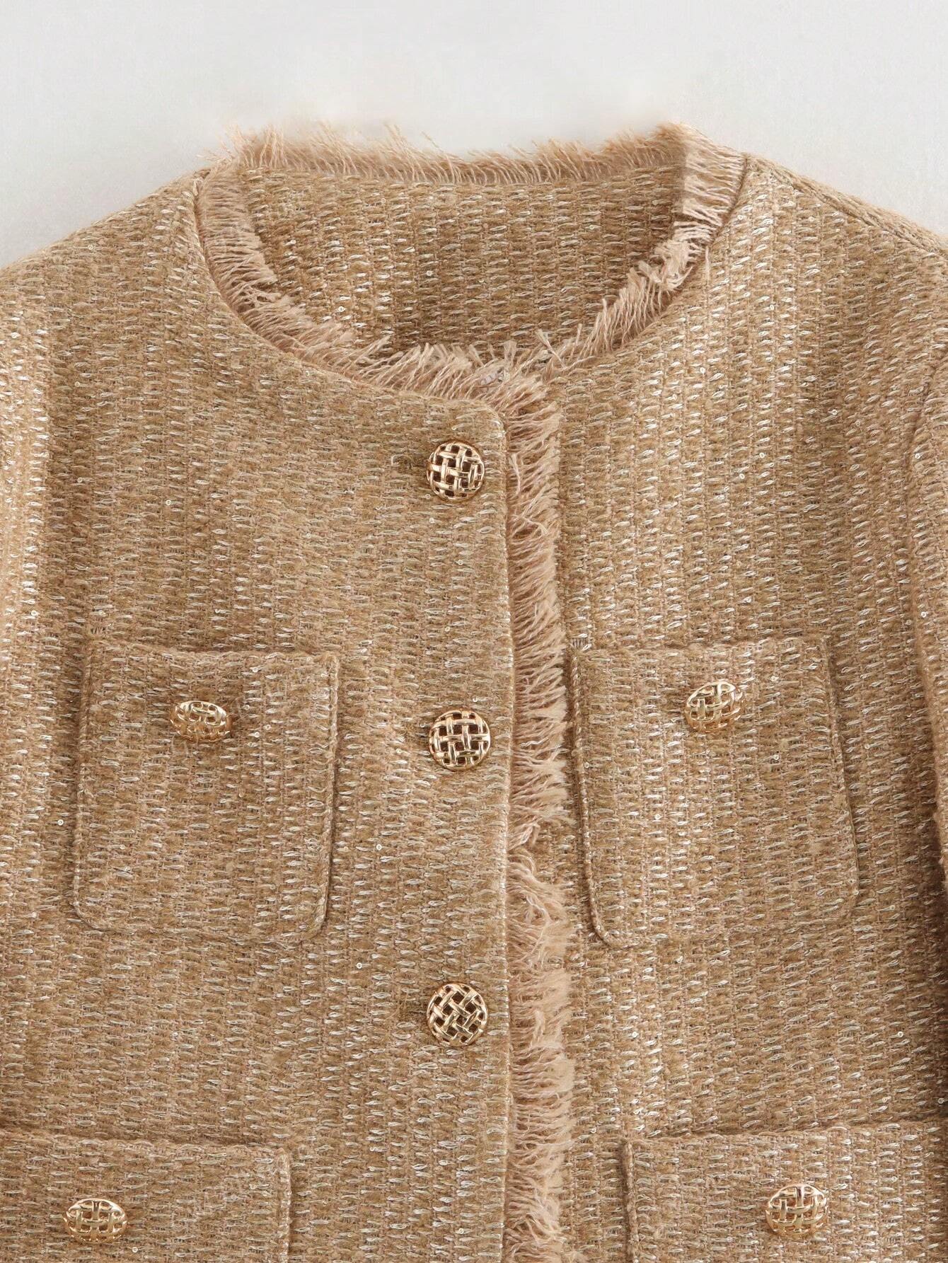 Casual Vintage Shiny Texture Short Jacket For Autumn Khaki
